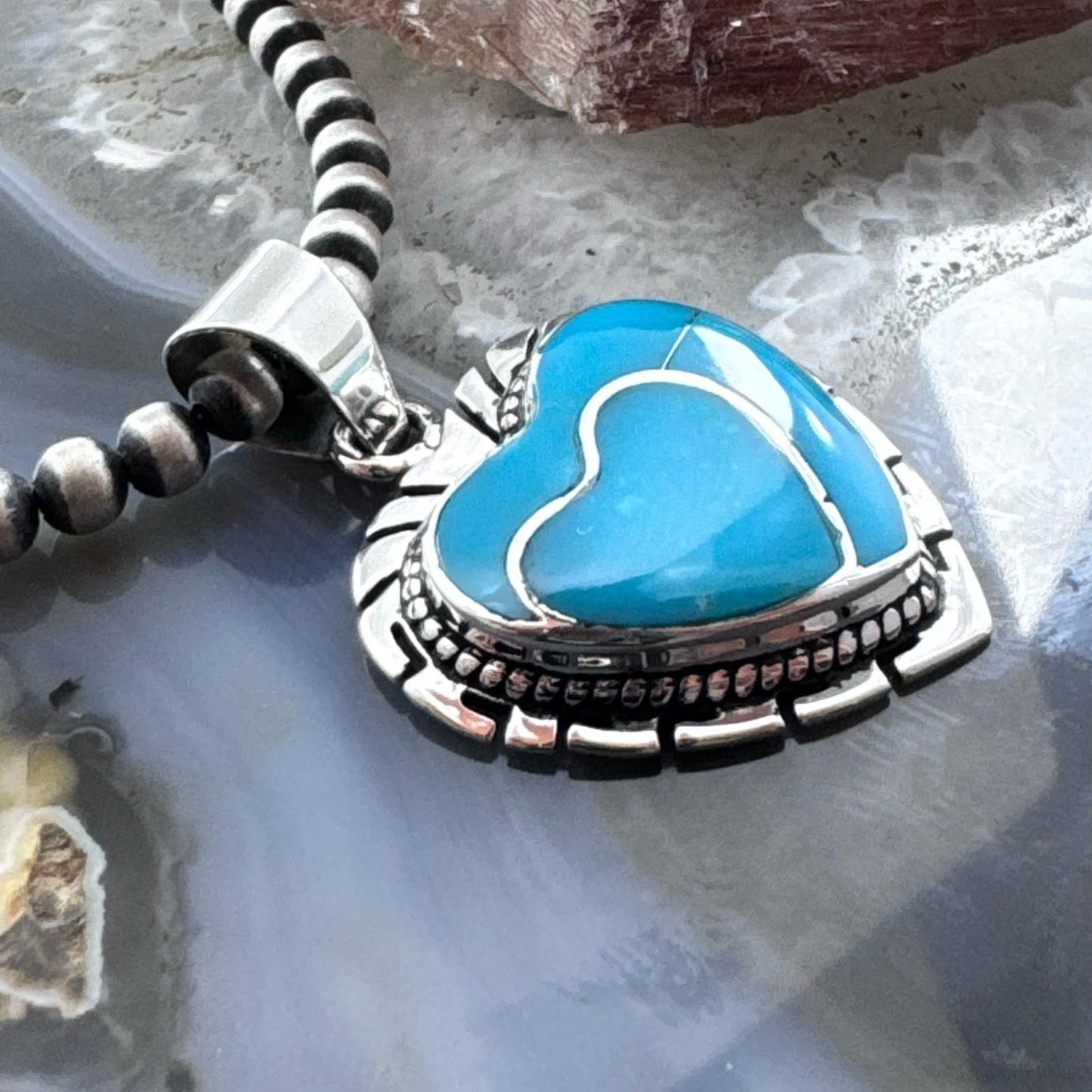 Native American Sterling Silver Kingman Turquoise Decorated Double Heart Pendant For Women
