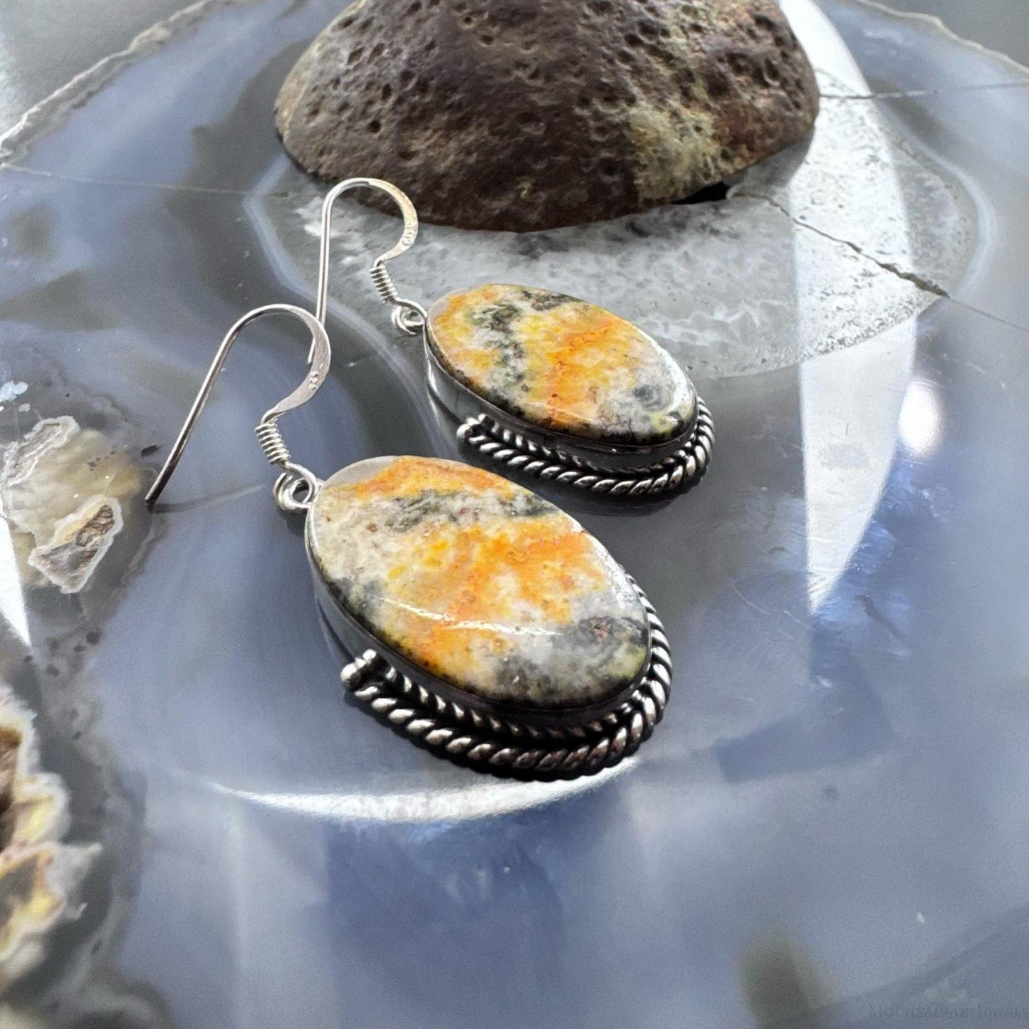 Sterling Silver Southwestern Style Large Oval Bumblebee Jasper Dangle Earrings For Women