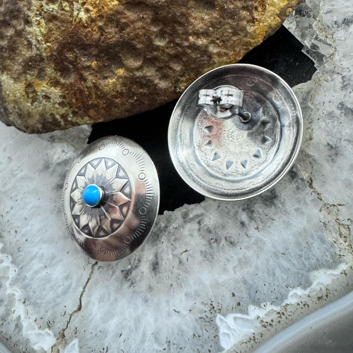 Native American Sterling Stamped Rounded Concho w/Turquoise Post Earrings