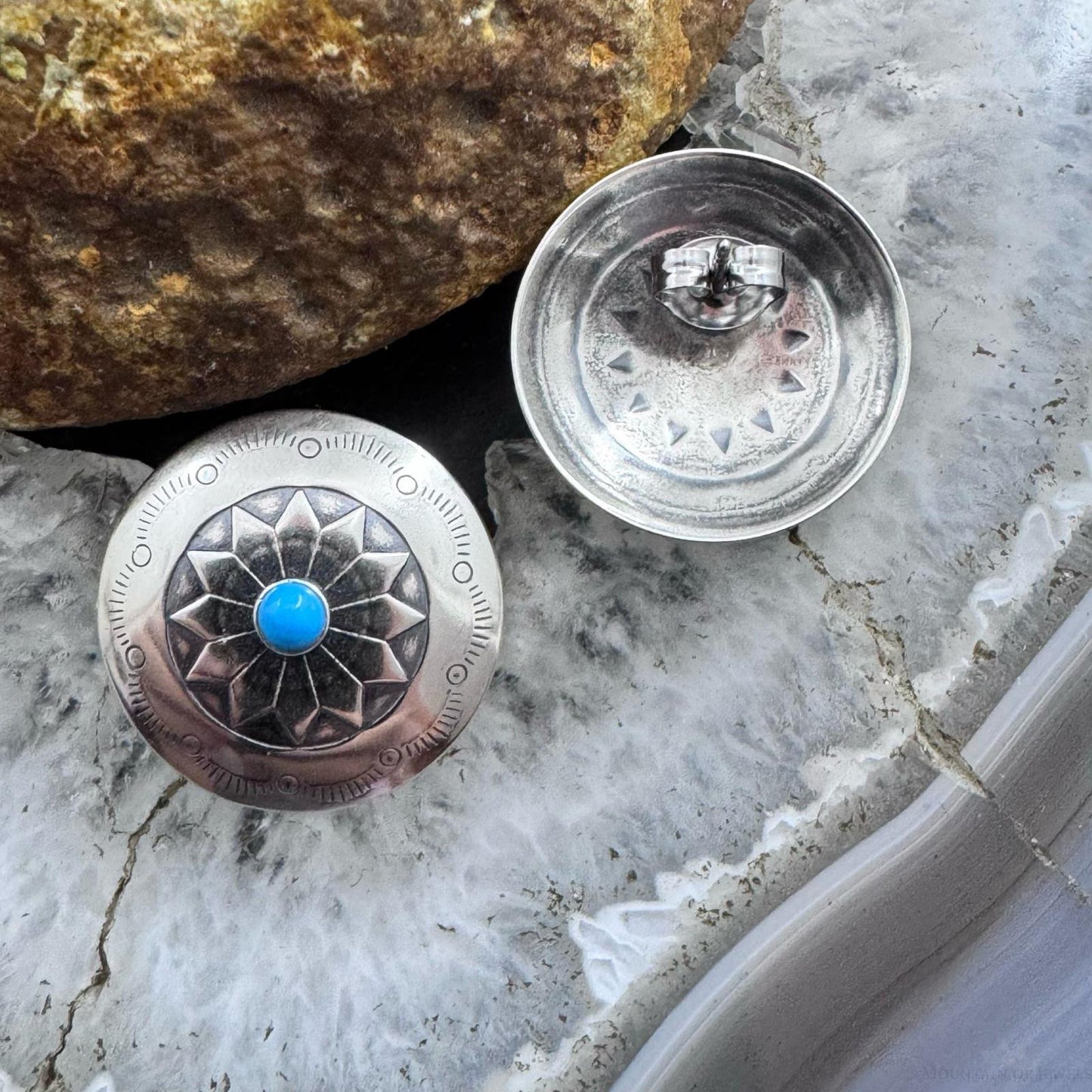 Native American Sterling Stamped Rounded Concho w/Turquoise Post Earrings