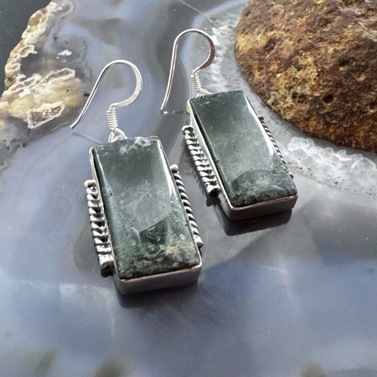 Sterling Silver Southwestern Style Rectangle Moss Agate Dangle Earrings For Women