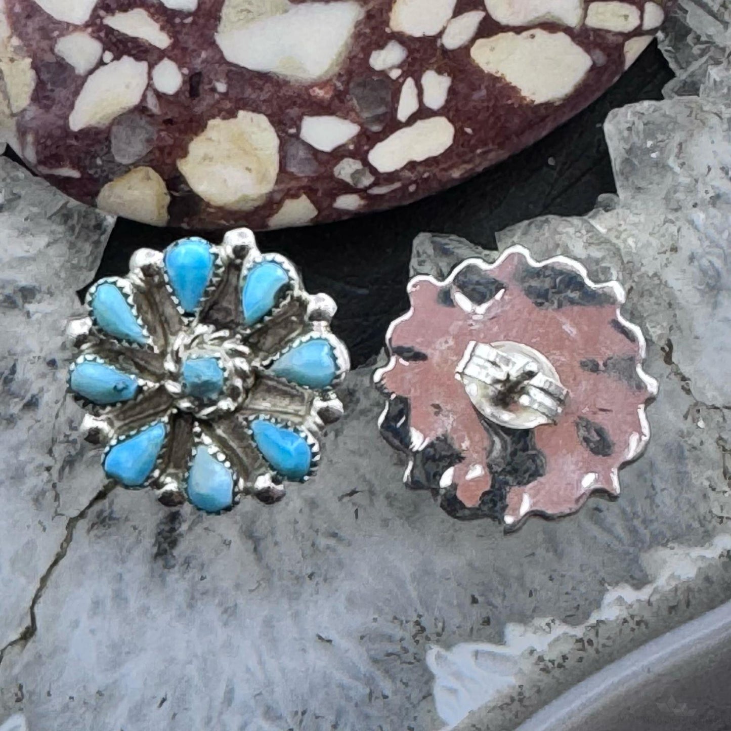 Native American Sterling Silver Turquoise Cluster Stud Earrings For Women #1