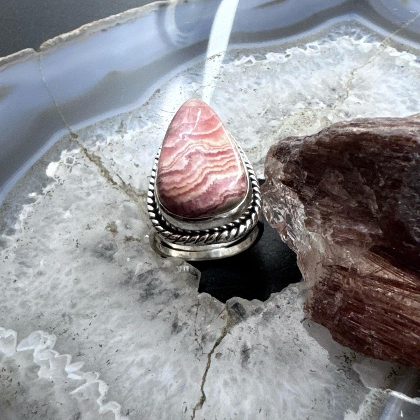 Sterling Silver Southwestern Style Teardrop Rhodochrosite Ring Size 6.5 For Women
