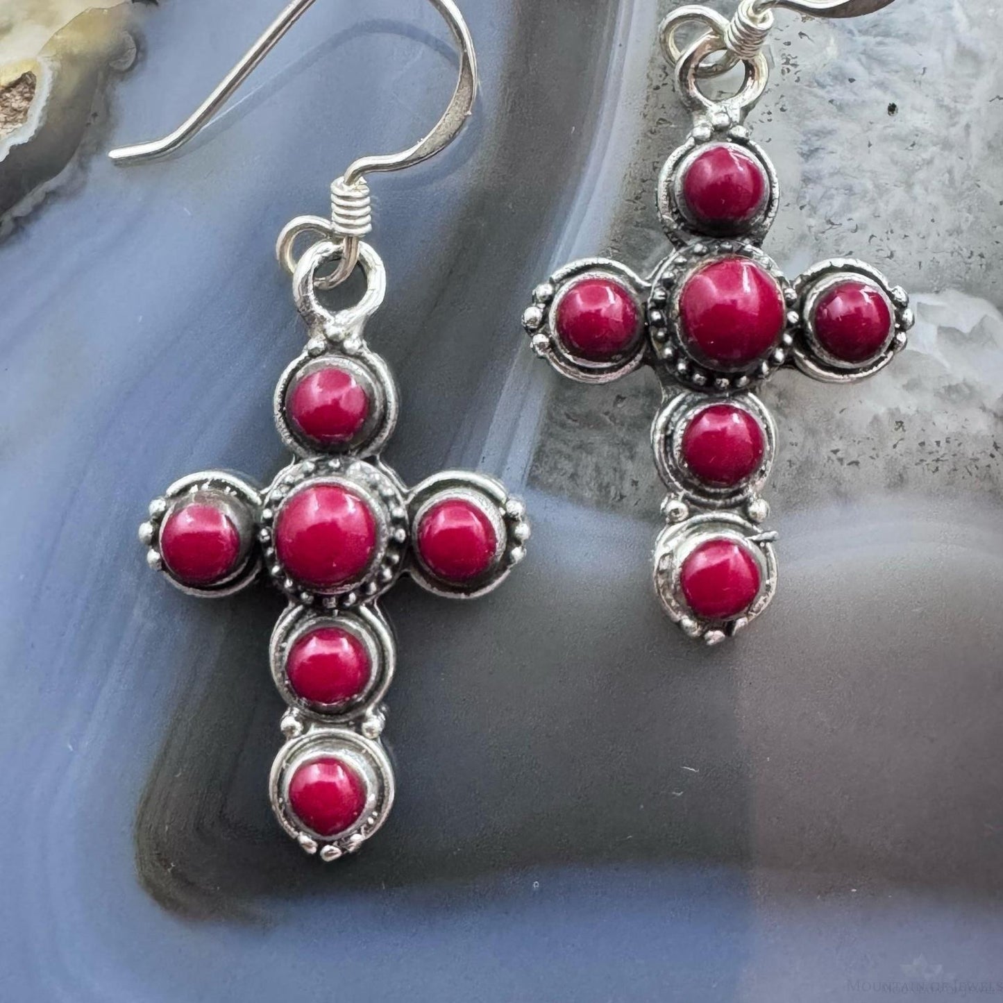 Sterling Silver 6 Red Gemstone Decorated Cross Fashion Dangle Earrings For Women