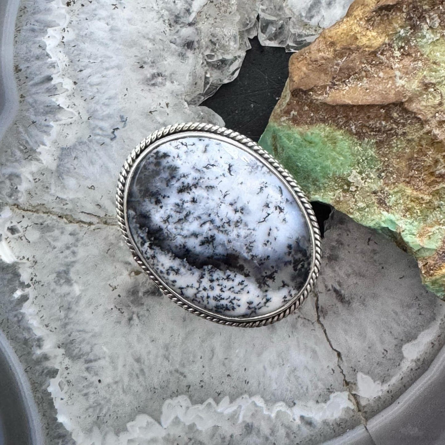 Sterling Silver Southwestern Style Oval Dendrite Decorated Ring Size 8 For Women