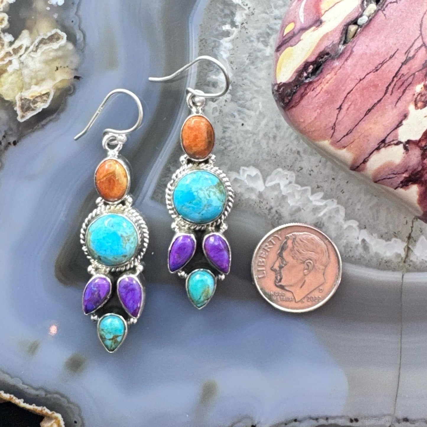 Sterling Silver Southwestern Style Multistone Cluster Dangle Earrings For Women #19