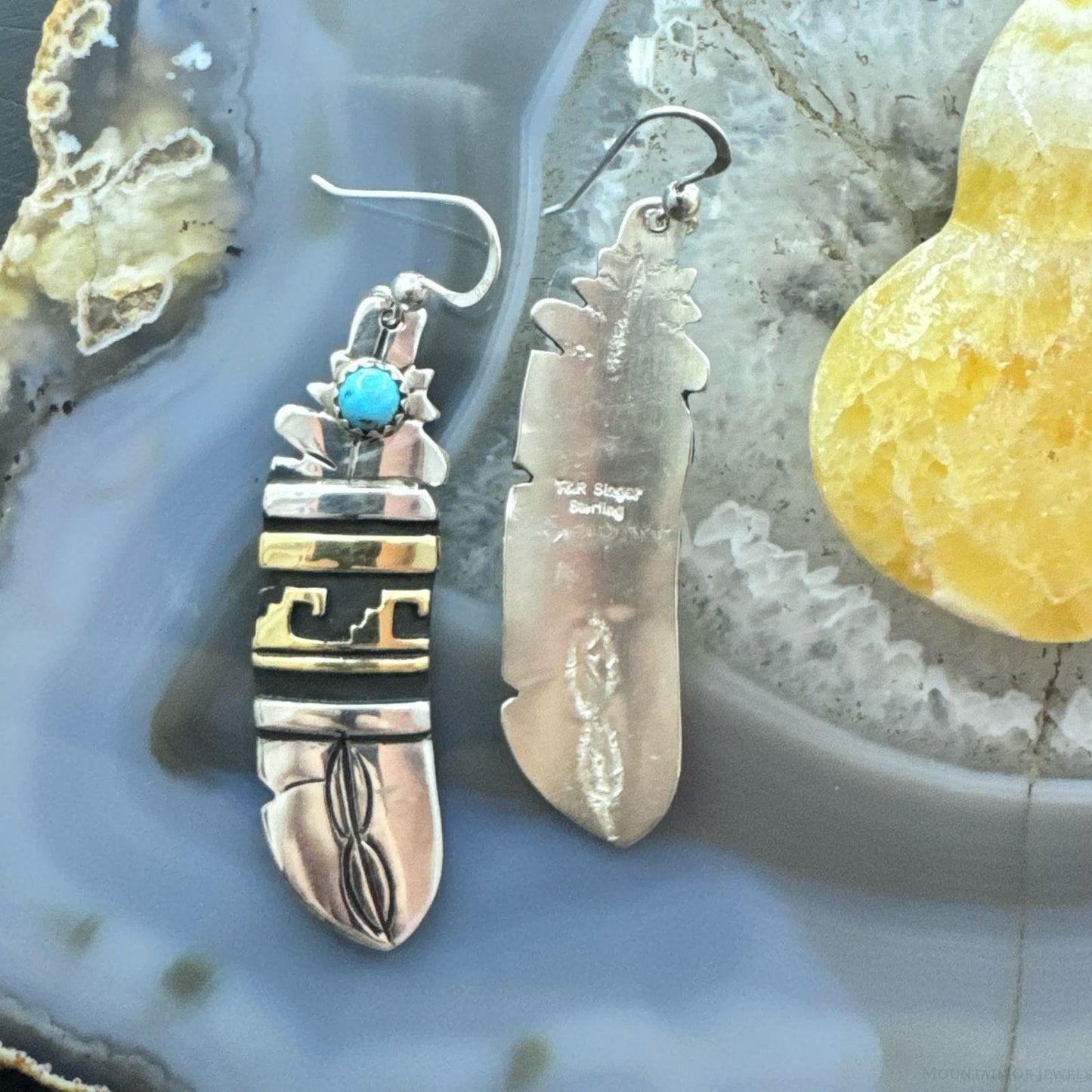 Tommy & Rosita Singer Sterling Silver & Gold Filled Turquoise Dot Feather Dangle Earrings For Women