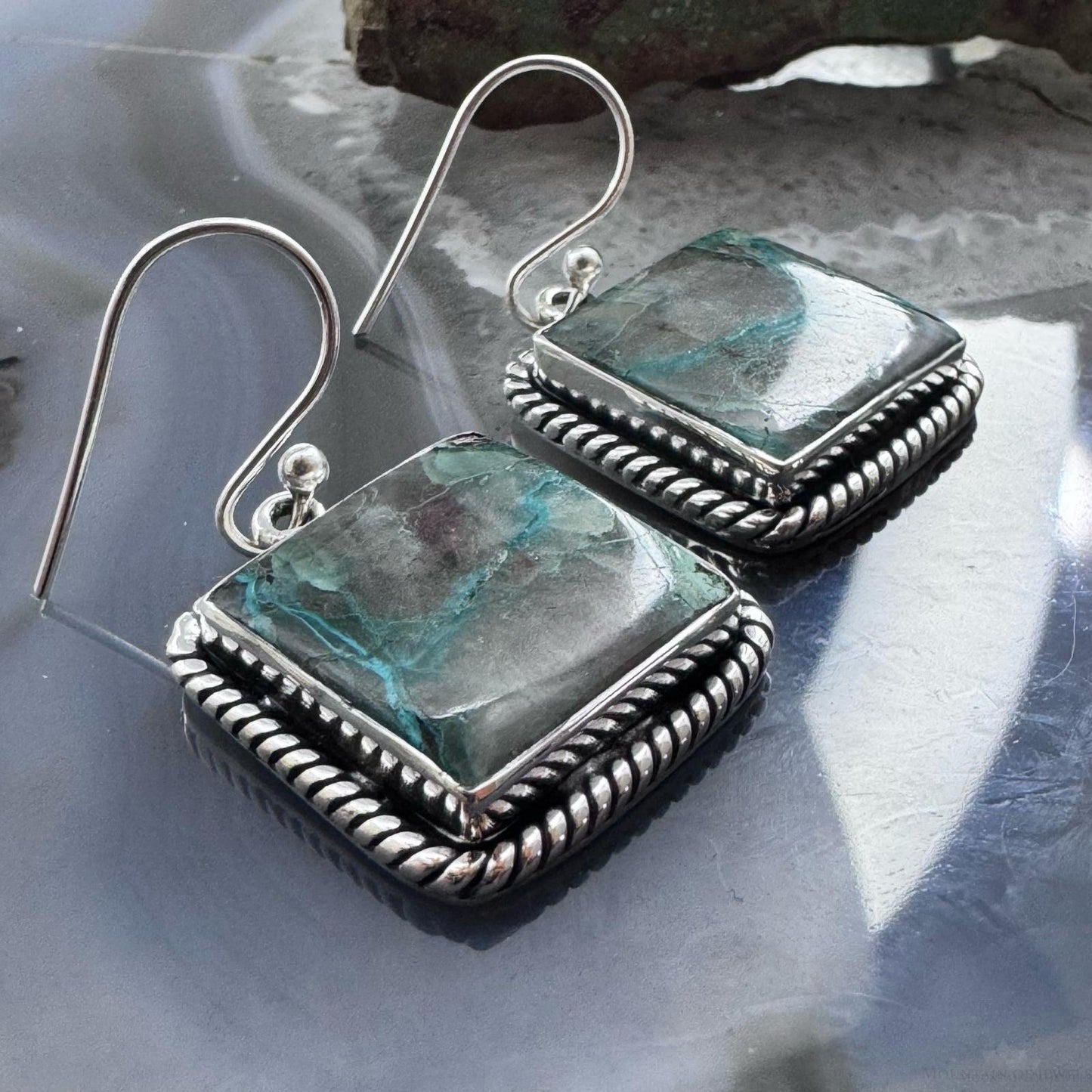 Sterling Silver Southwestern Style Square Green Shattuckite Dangle Earrings For Women
