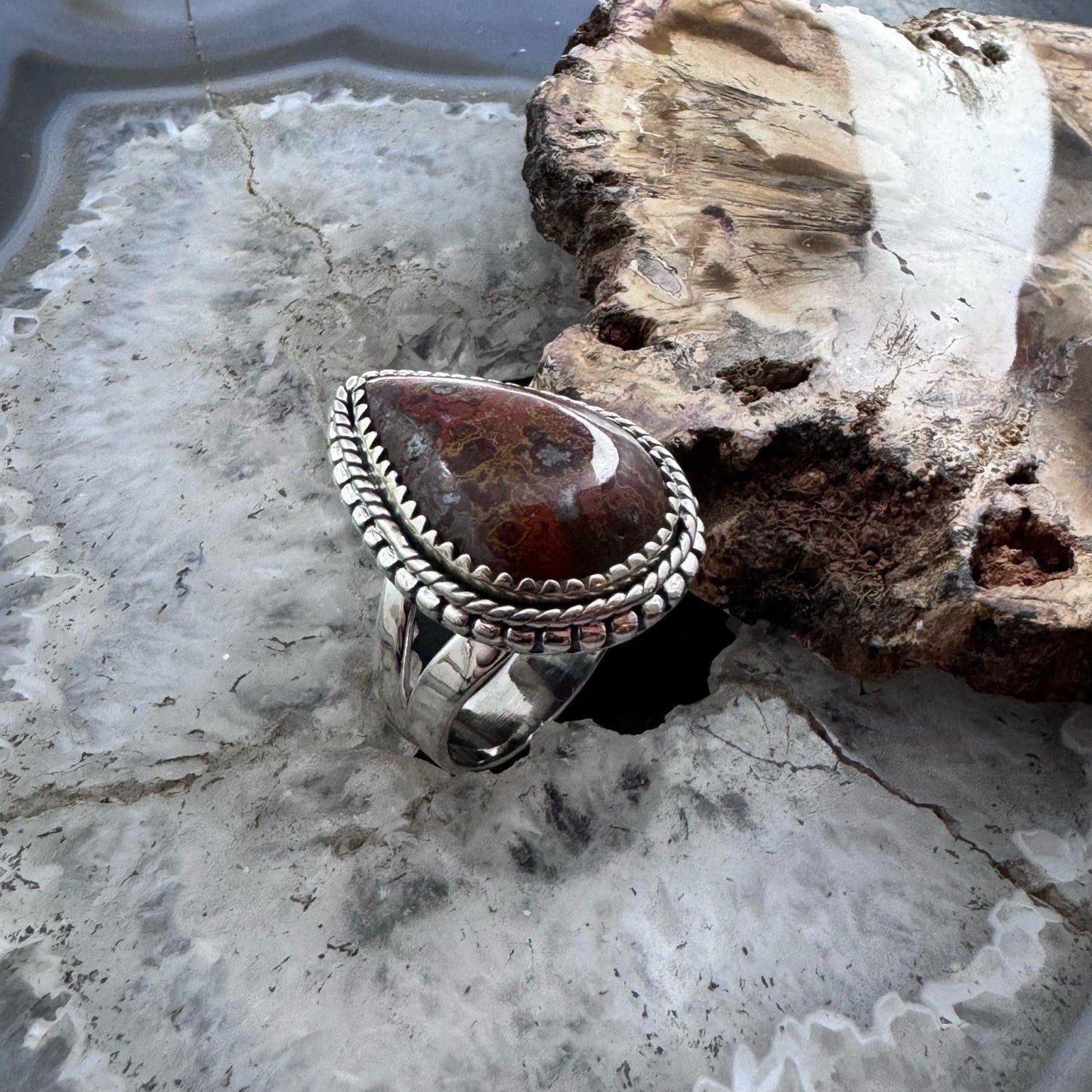 Sterling Southwestern Style Teardrop Moroccan Seam Agate Ring Size 7.75 For Women