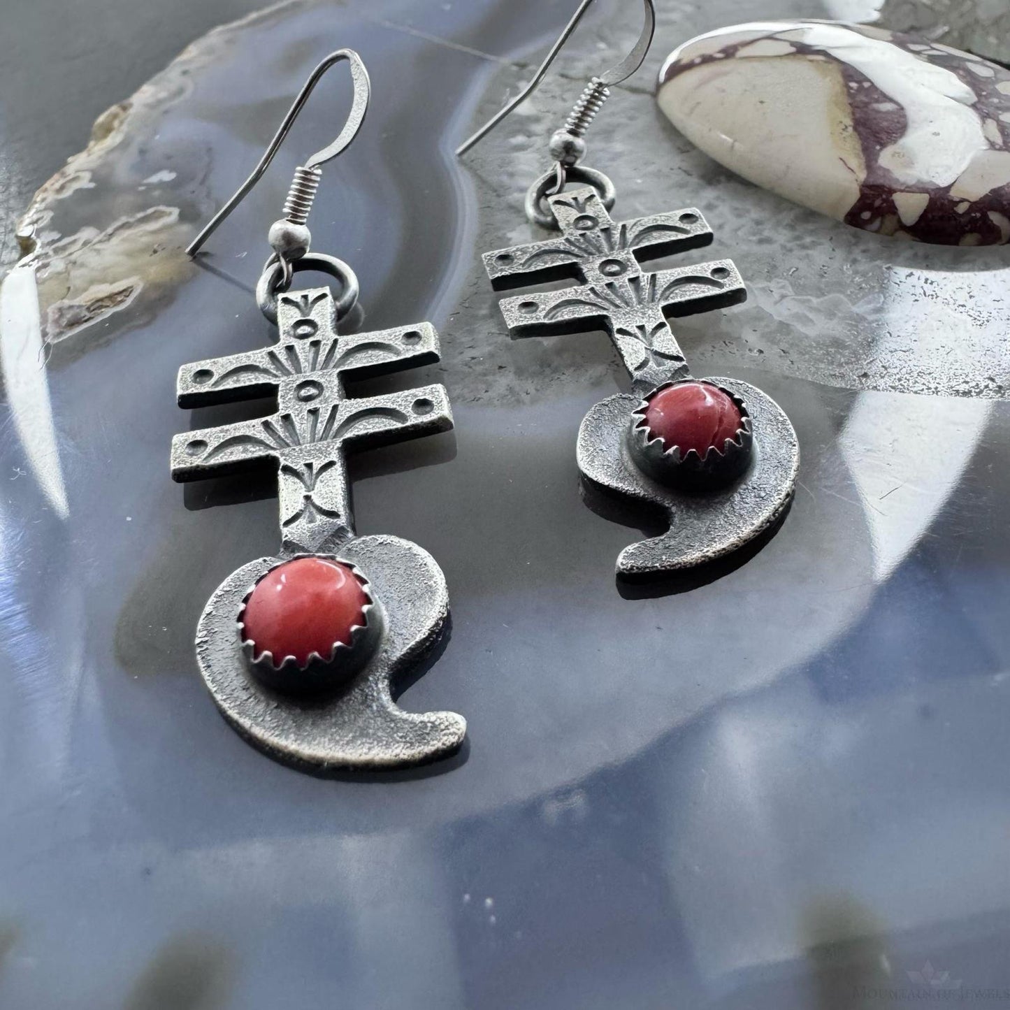 Kevin Billah Native American Sterling Silver Coral Cross & Heart Dangle Earrings For Women