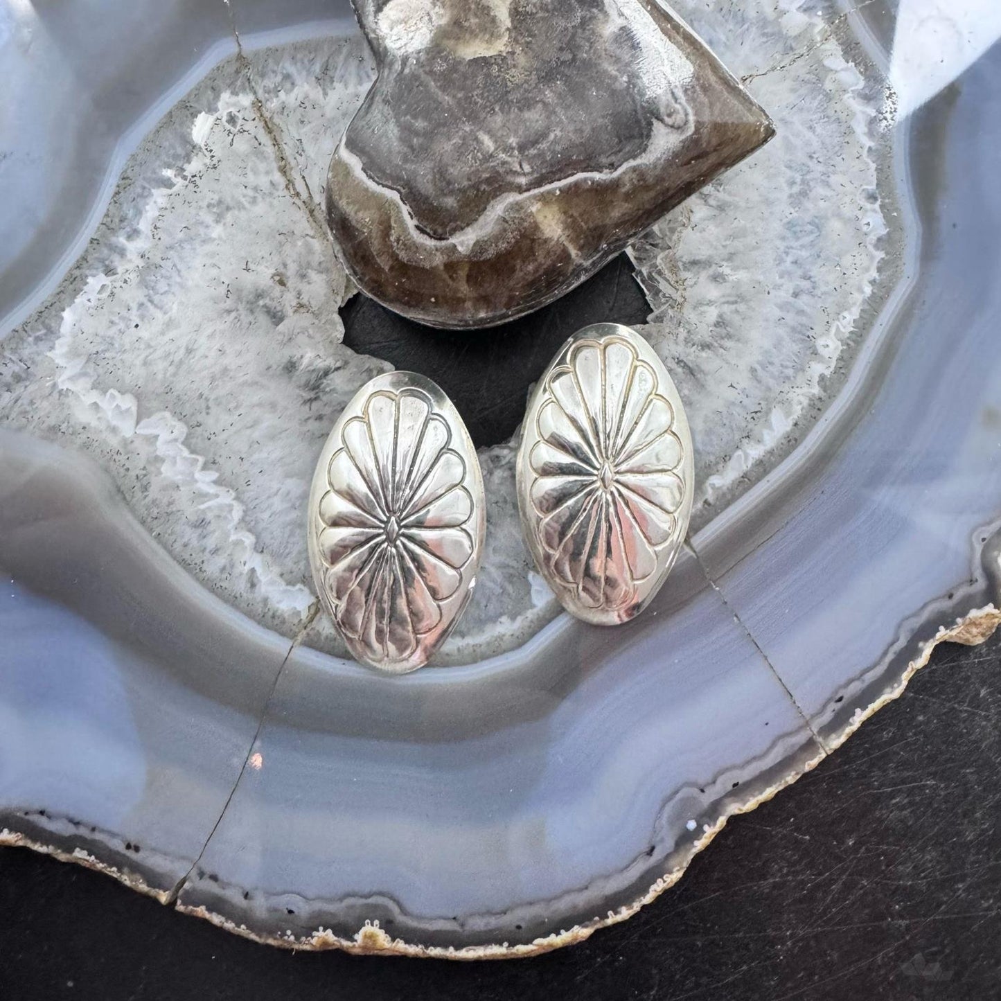 Native American Silver Stamped Flower Oval Post Earrings For Women