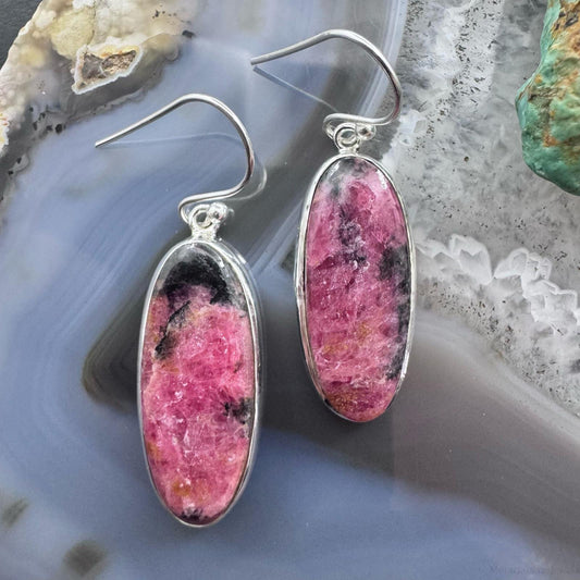 Sterling Silver Southwestern Style Oval Rhodonite Dangle Earrings For Women