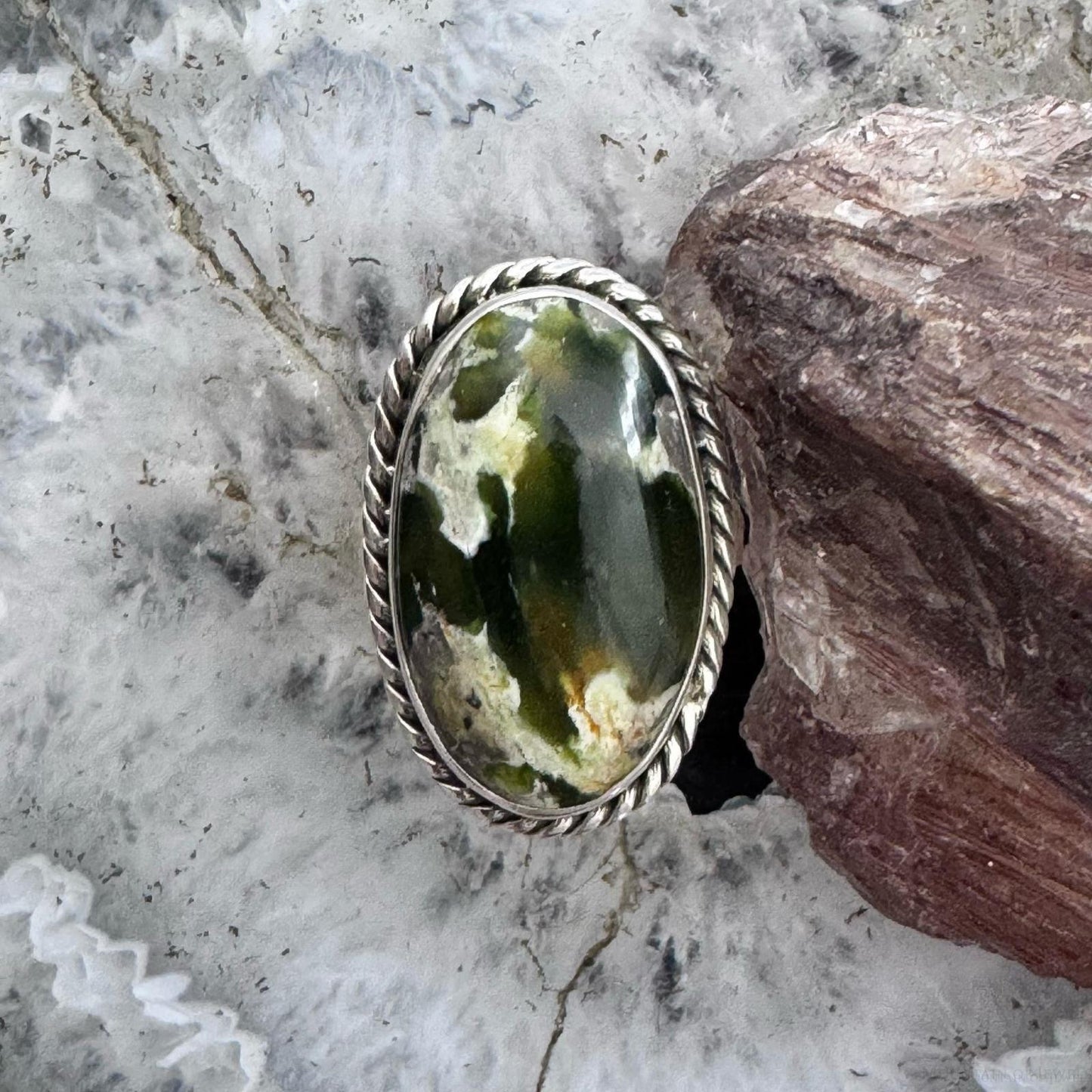Sterling Silver Southwestern Style Chrome Chalcedony Decorated Ring Size 6.75 For Women
