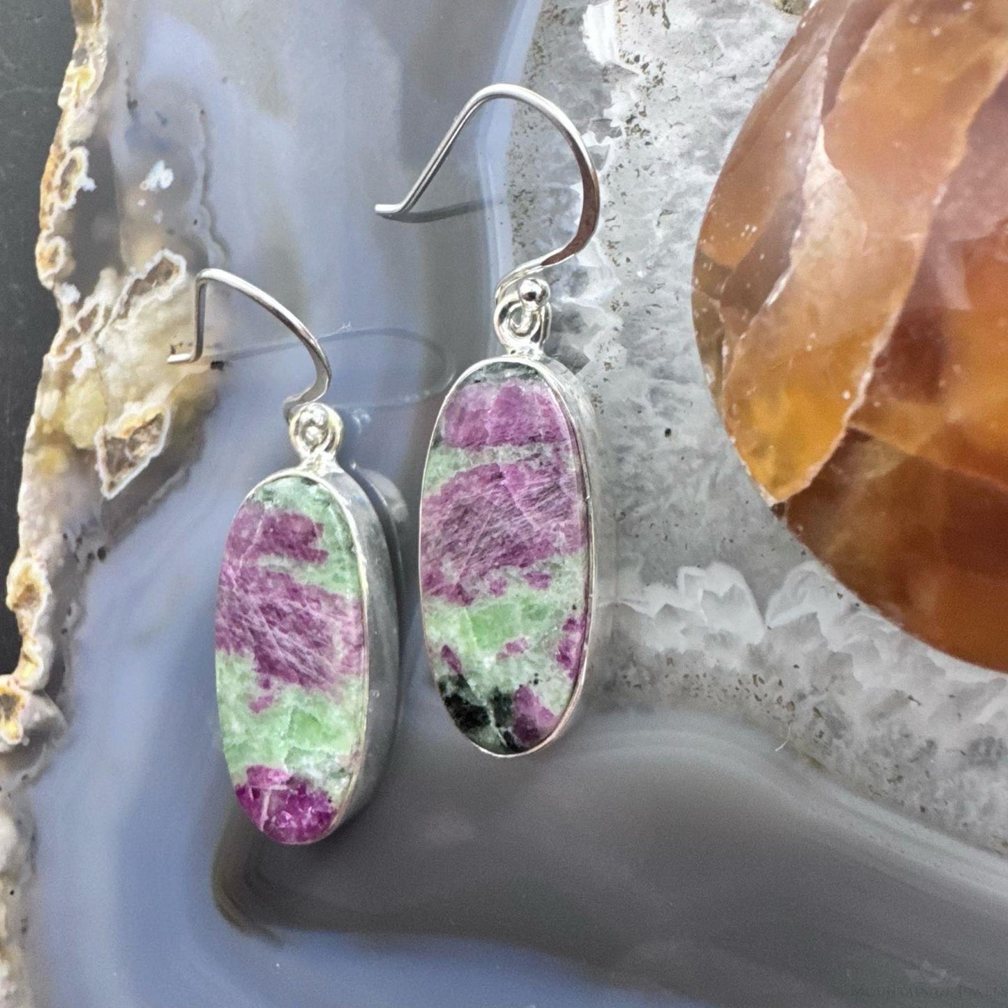 Sterling Silver Southwestern Style Oval Ruby Zoisite Dangle Earrings For Women