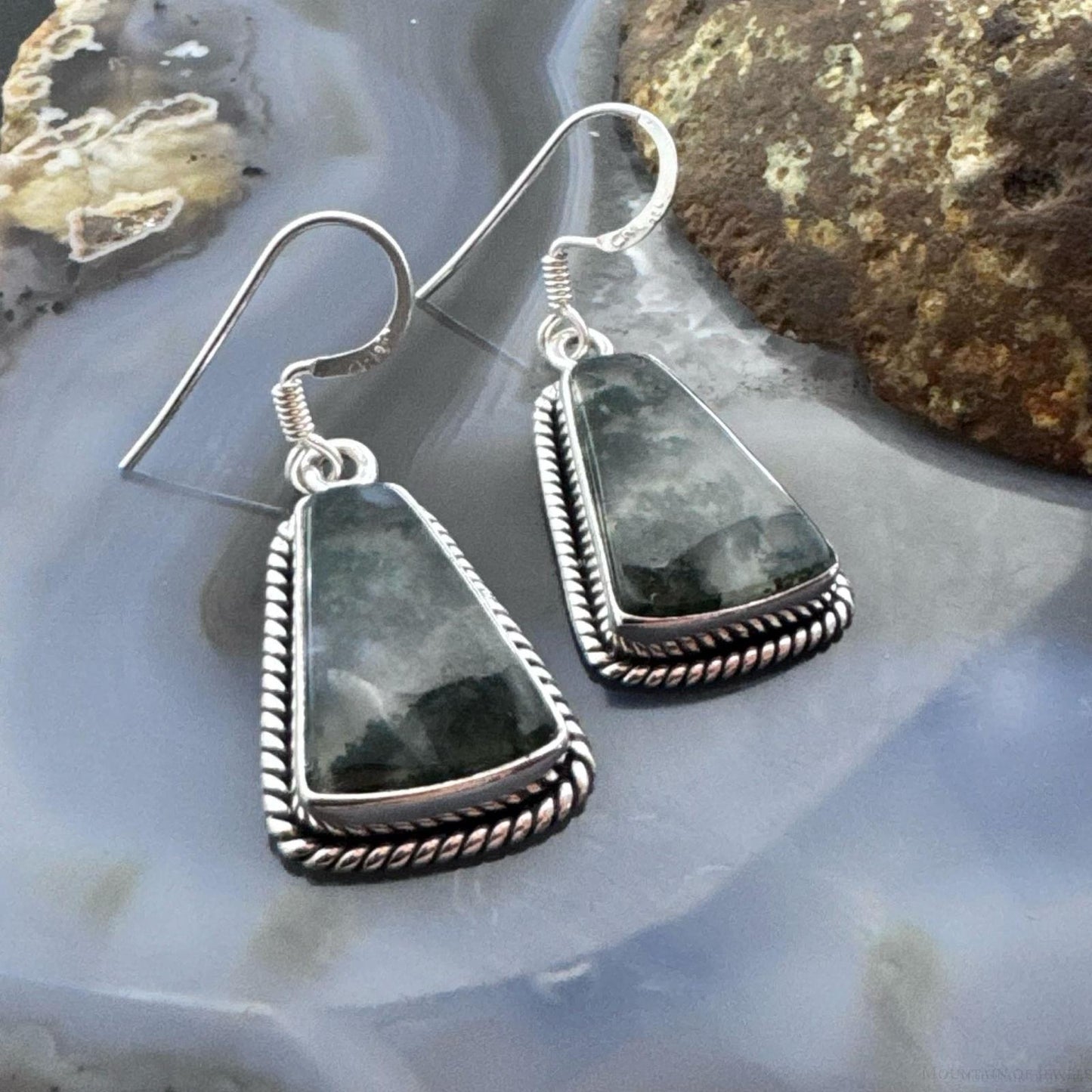 Sterling Silver Southwestern Style Trapezoid Moss Agate Dangle Earrings For Women