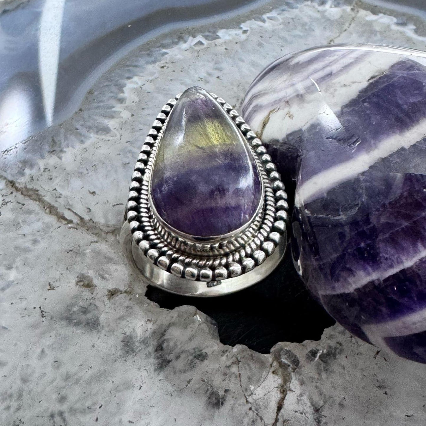 Sterling Silver Southwestern Style Teardrop Fluorite Crystal Ring Size 9.75 For Women
