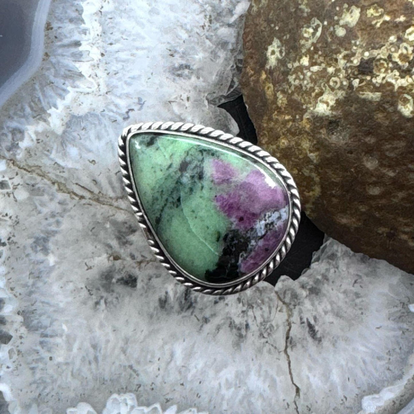 Sterling Silver Southwestern Style Teardrop Ruby Zoisite Ring Size 9 For Women