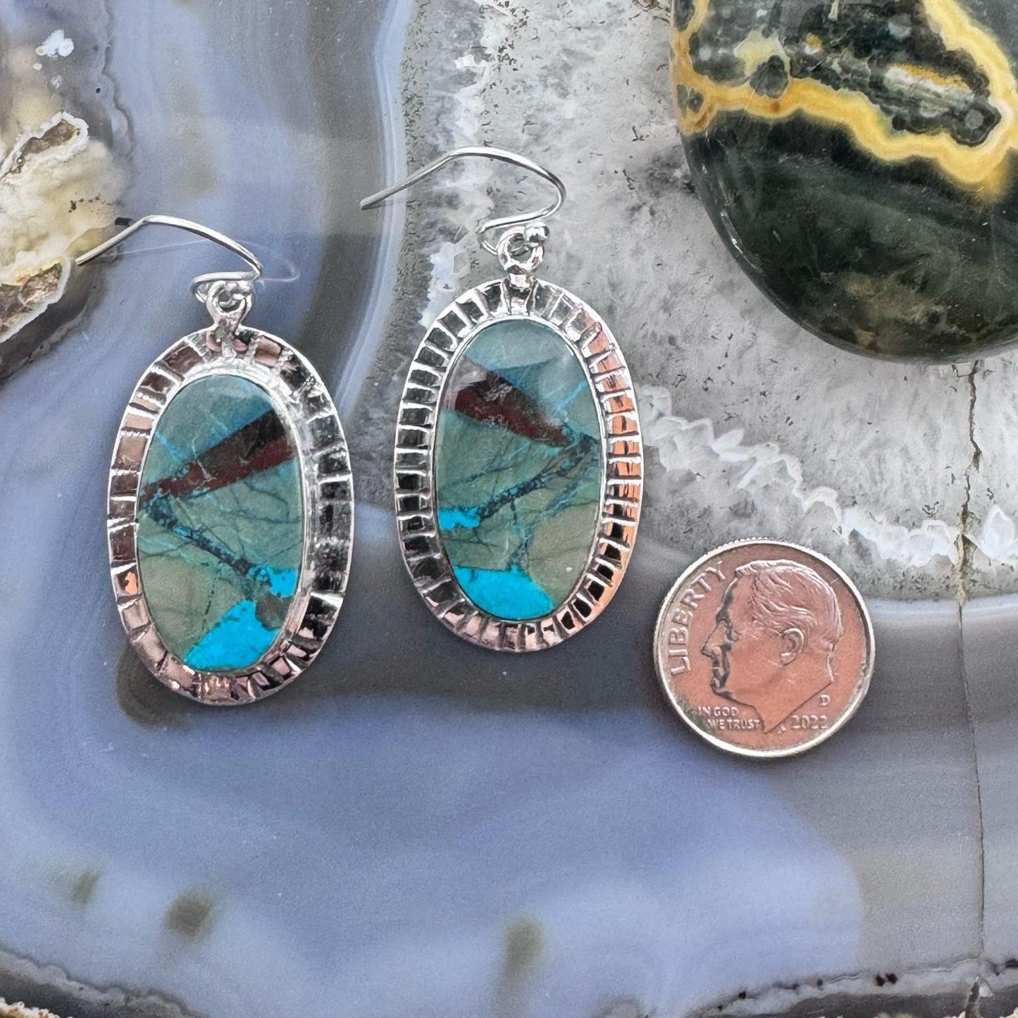 Sterling Silver Southwestern Style Oval Sea Sediment Jasper Dangle Earrings For Women