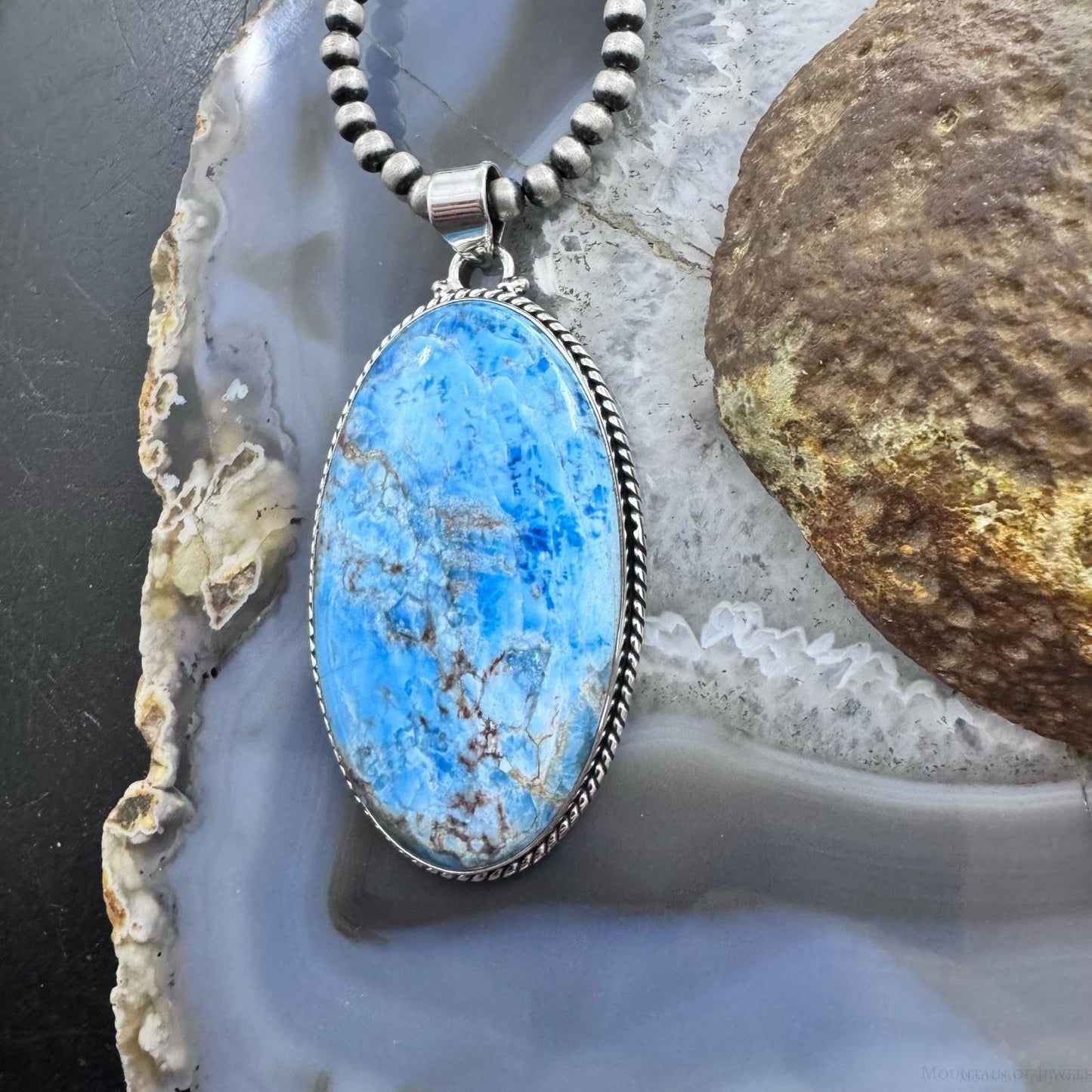 Sterling Silver Southwestern Style Elongated Oval Apatite Pendant For Women