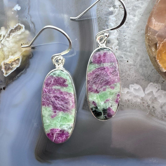 Sterling Silver Southwestern Style Oval Ruby Zoisite Dangle Earrings For Women