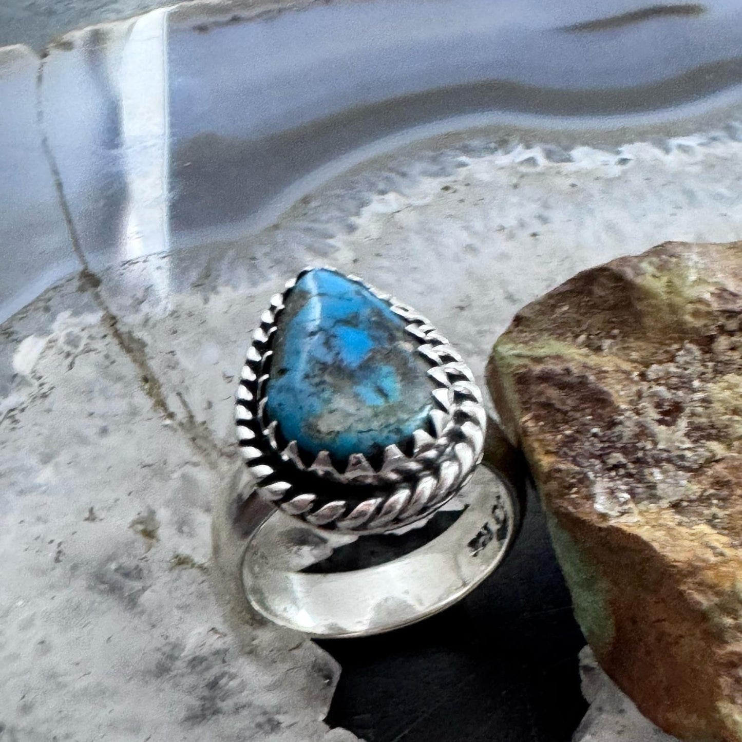 Sterling Silver Southwestern Style Teardrop Kingman Ring Size 9 For Women