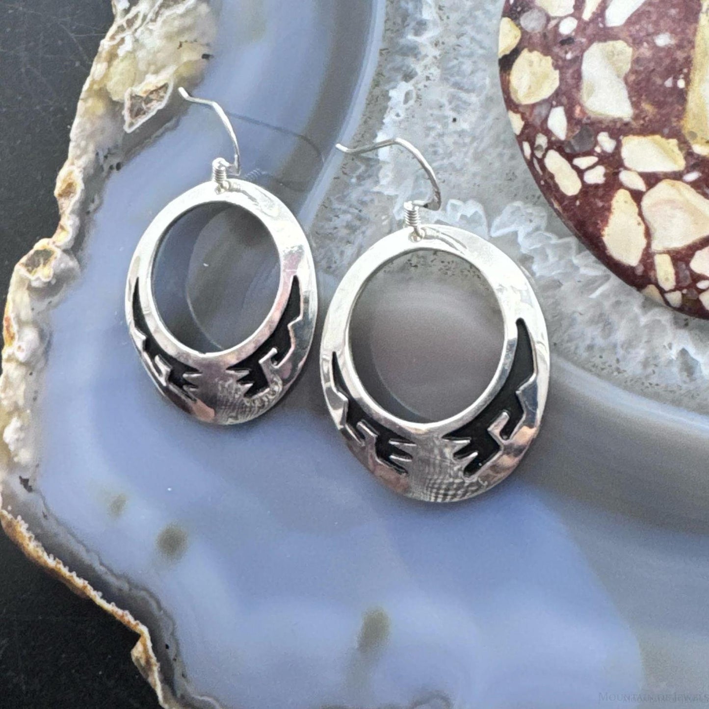 Tommy & Rosita Singer Sterling Silver Overlay Southwestern Motif Hoop Dangle Earrings For Women