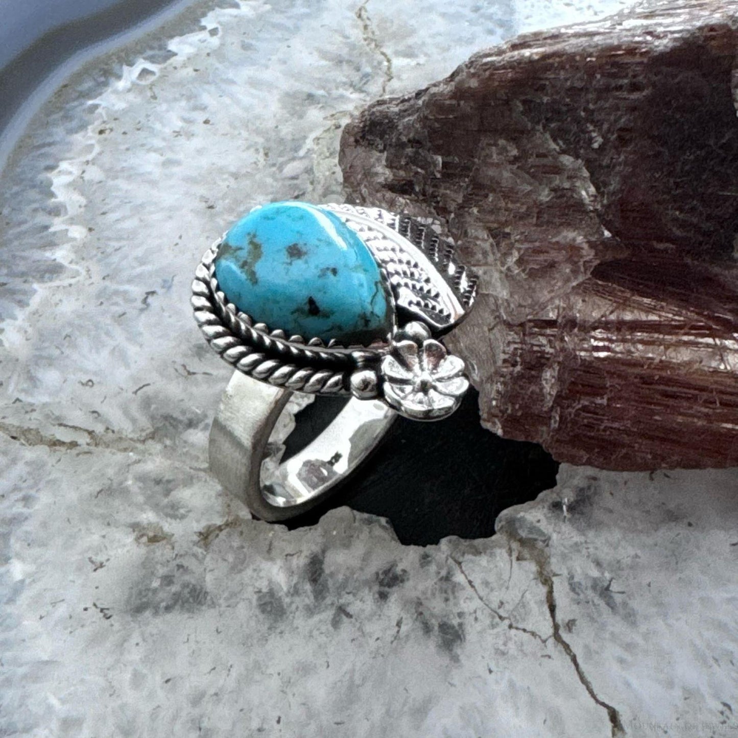 Sterling Silver Southwestern Style Teardrop Turquoise Decorated Adjustable Ring For Women