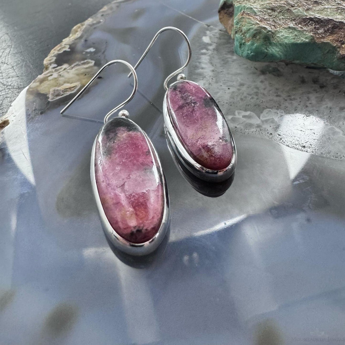 Sterling Silver Southwestern Style Oval Rhodonite Dangle Earrings For Women