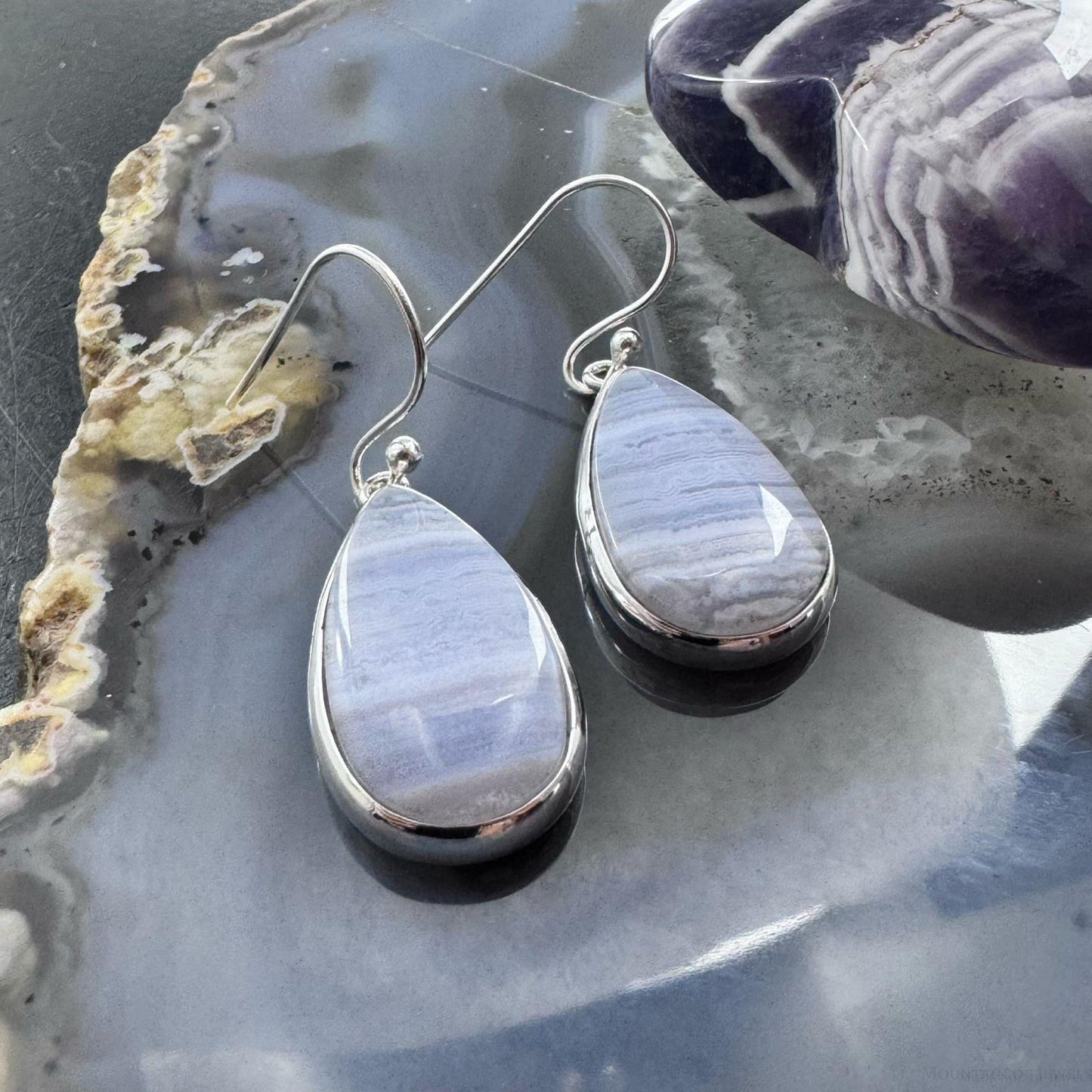 Sterling Silver Southwestern Style Teardrop Blue Lace Agate Dangle Earrings For Women