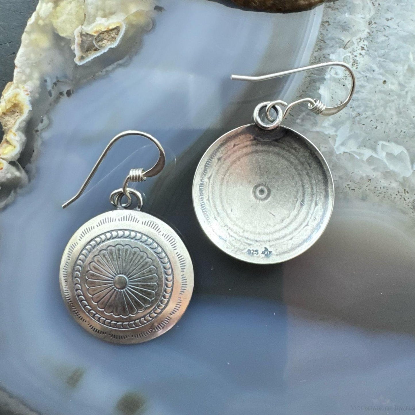 Native American Sterling Silver Stamped Rounded Concho Dangle Earrings For Women