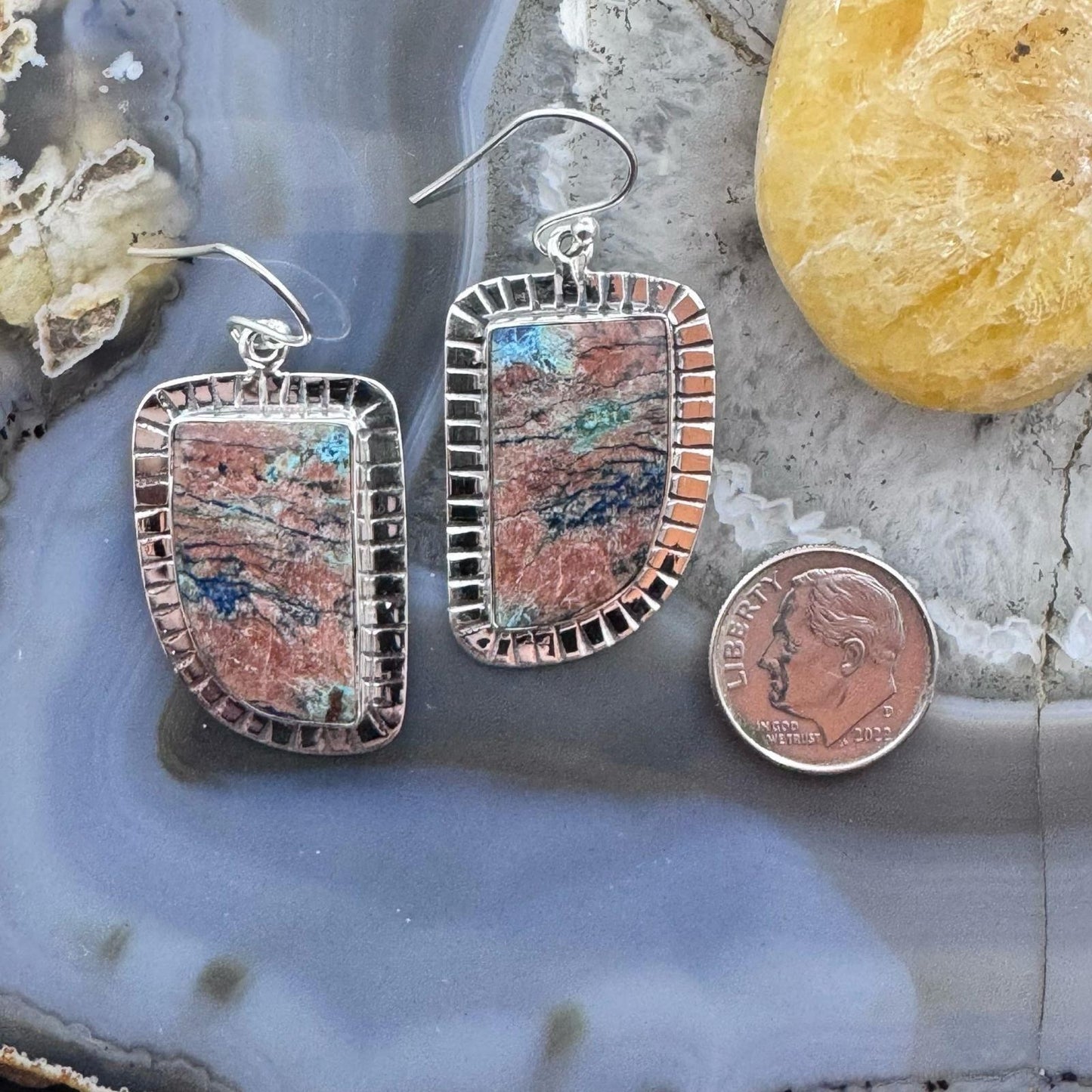 Sterling Silver Southwestern Style Shattuckite Decorated Dangle Earrings For Women