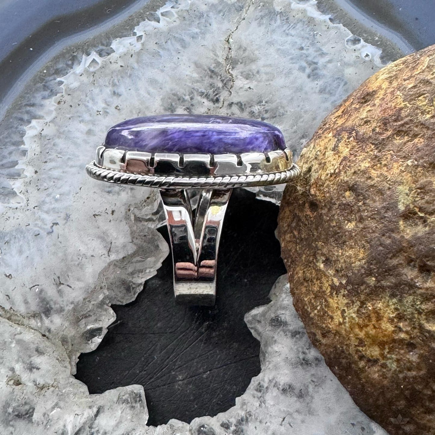 Sterling Silver Southwestern Style Oval Charoite Decorated Ring Size 7.5 For Women