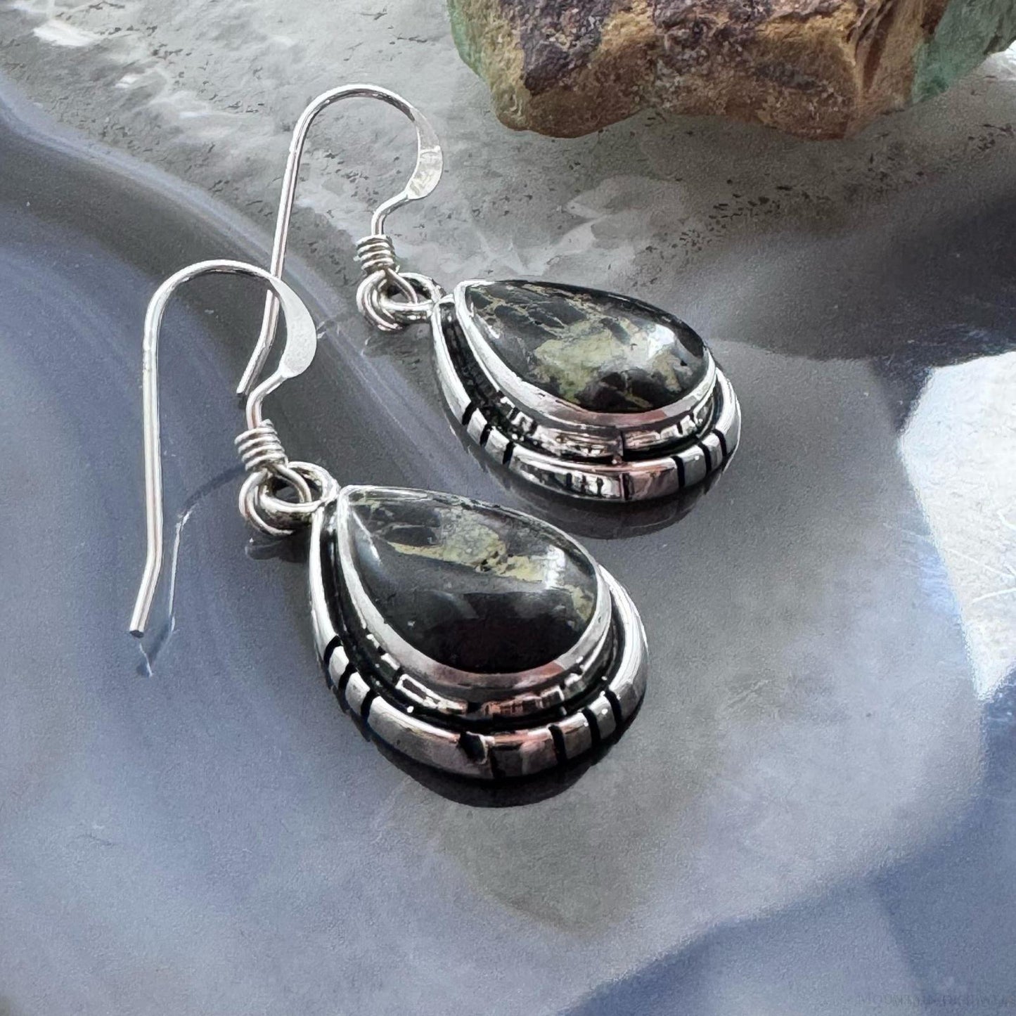 Native American Sterling Silver Teardrop Blackjack Dangle Earrings For Women
