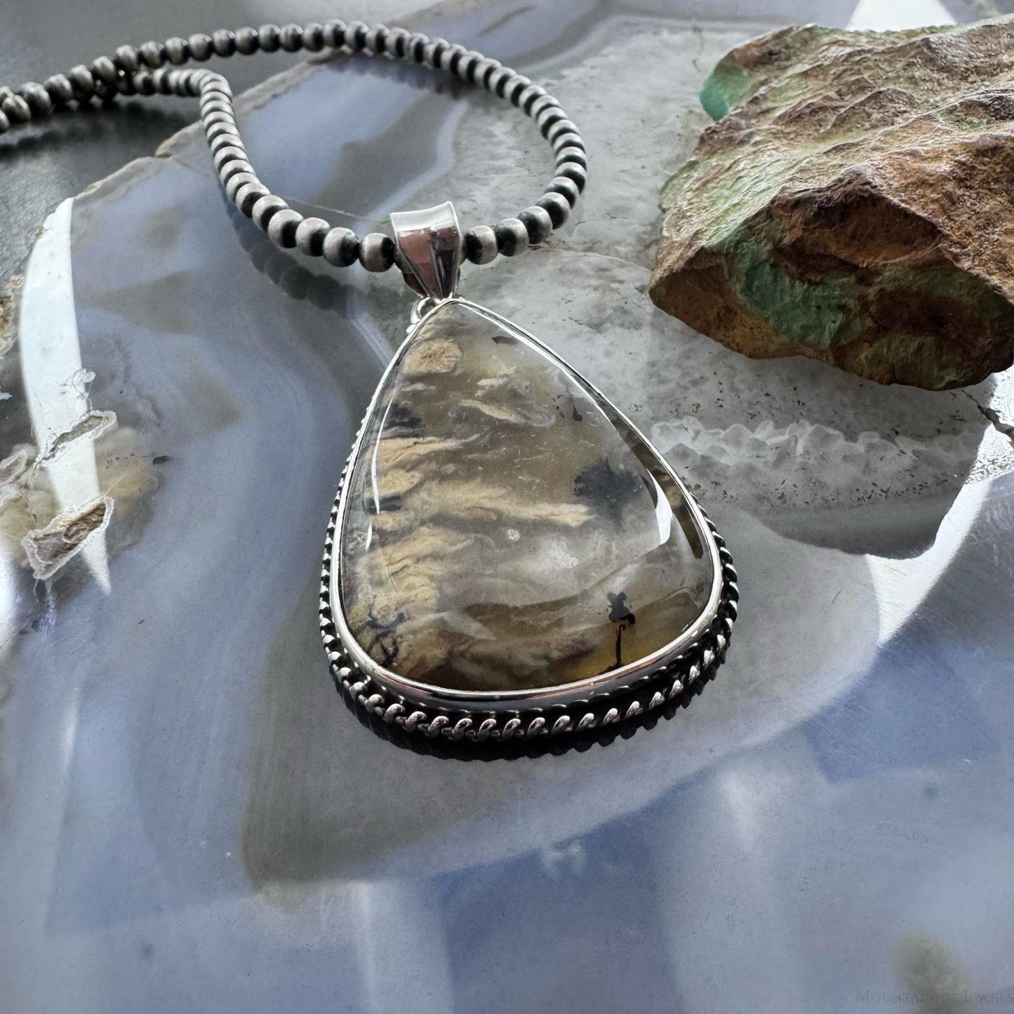 Sterling Silver Southwestern Style Large Teardrop Tiger Dendrite Agate Unisex Pendant