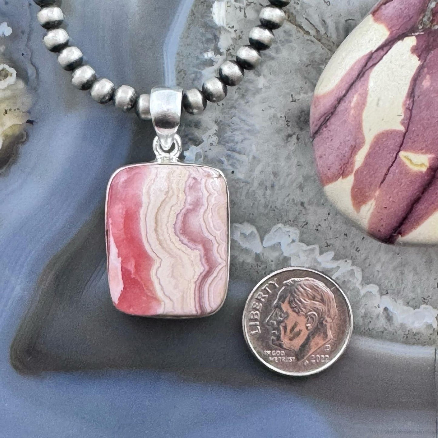 Sterling Silver Southwestern Style Rectangle Rhodochrosite Pendant For Women