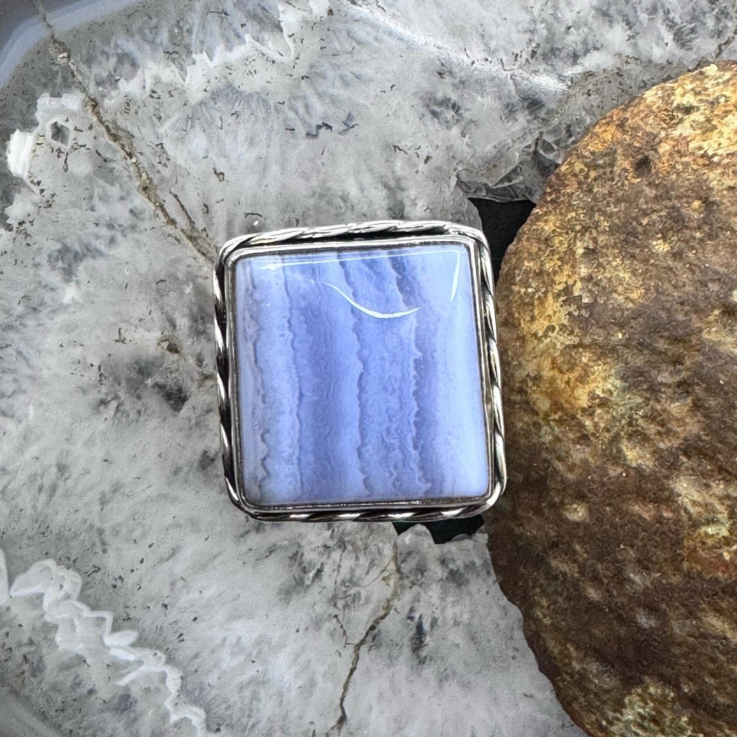 Sterling Silver Southwestern Style Blue Lace Agate Bar Ring Size 8 For Women