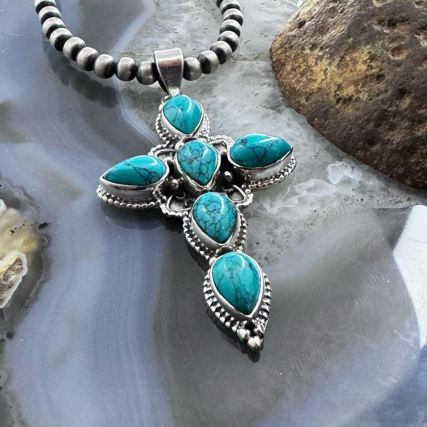 Sterling Silver Southwestern Style Blue Howlite Cross Pendant For Women