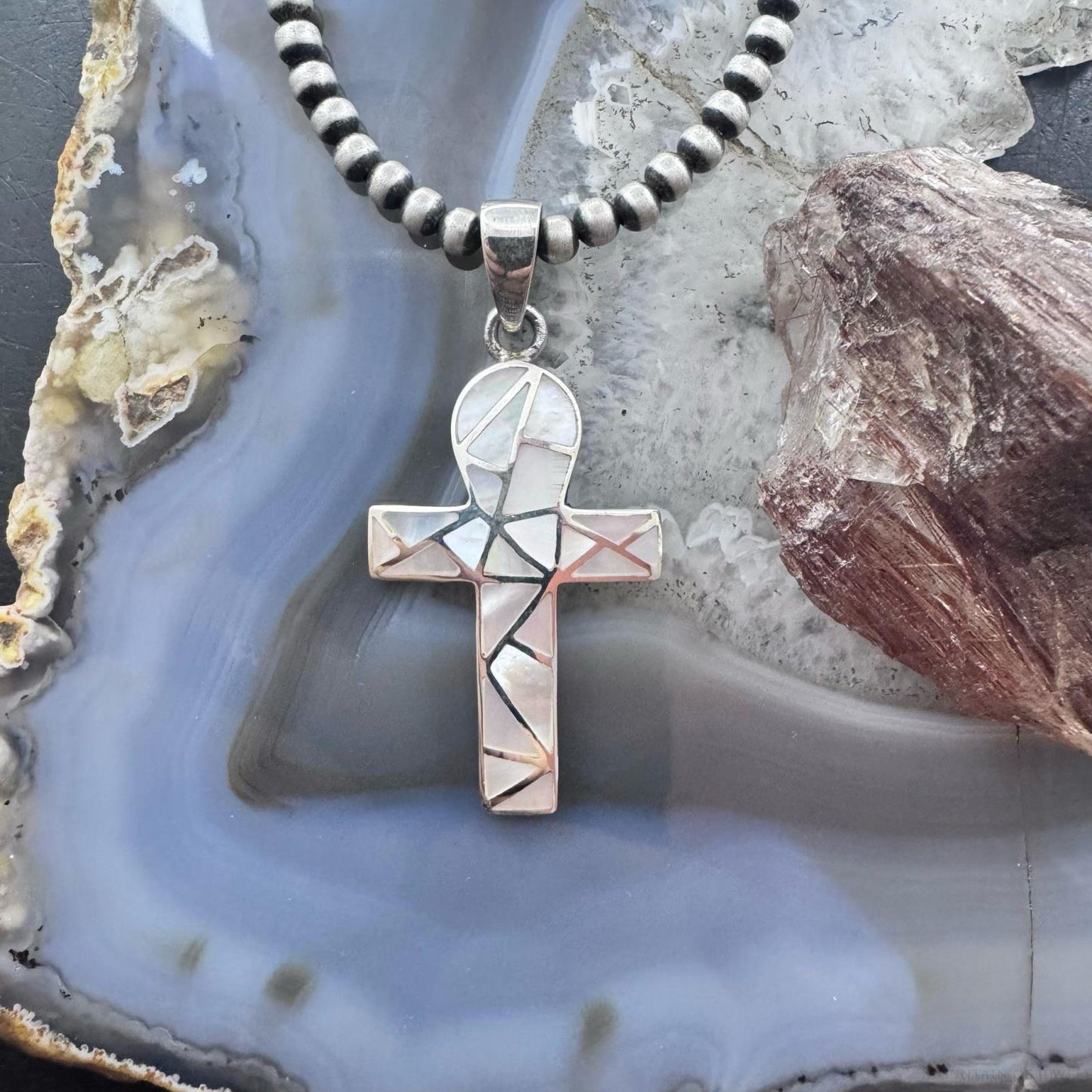 Sterling Silver Southwestern Style Mother of Pearl Inlay Unisex Cross Pendant