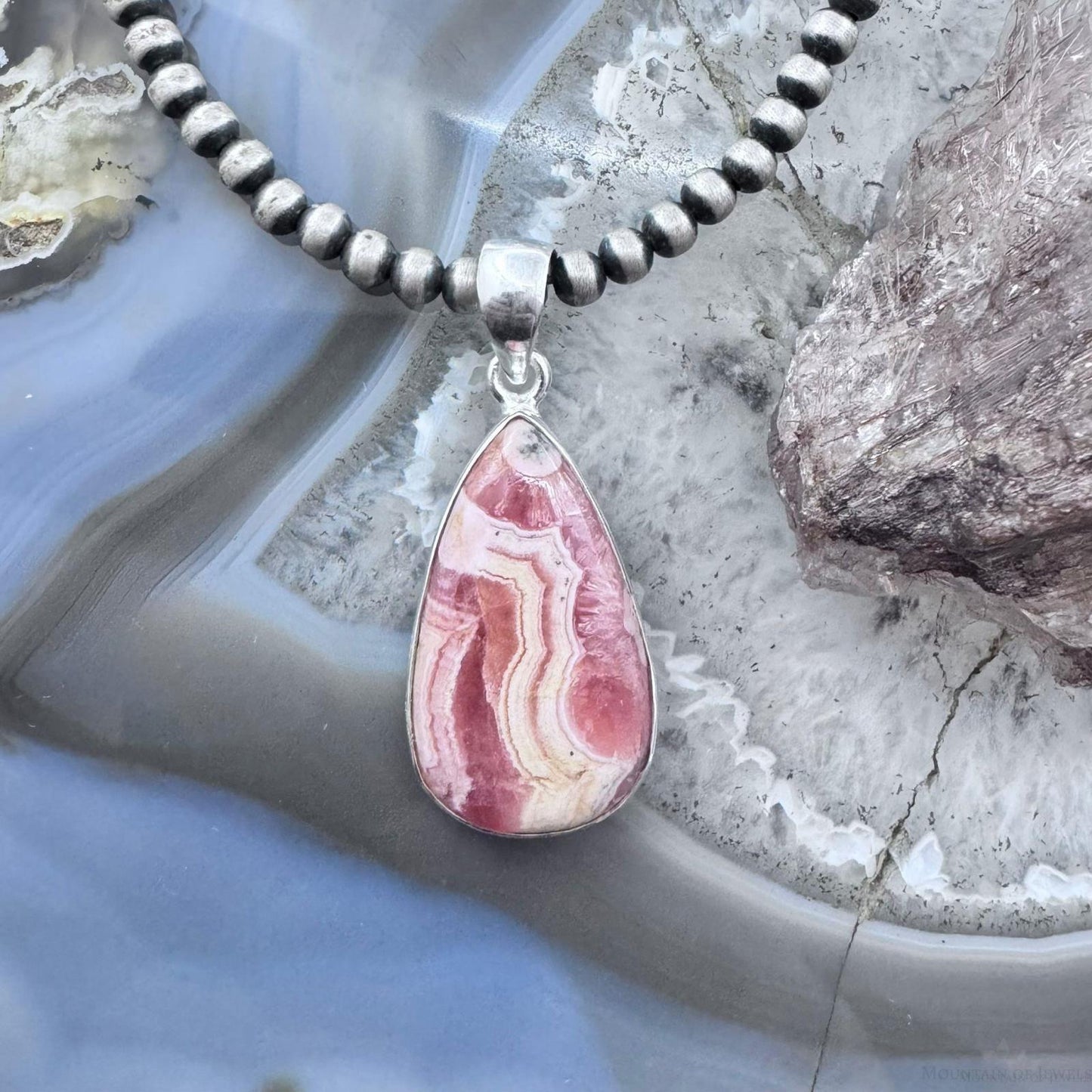 Sterling Silver Southwestern Style Teardrop Rhodochrosite Pendant For Women