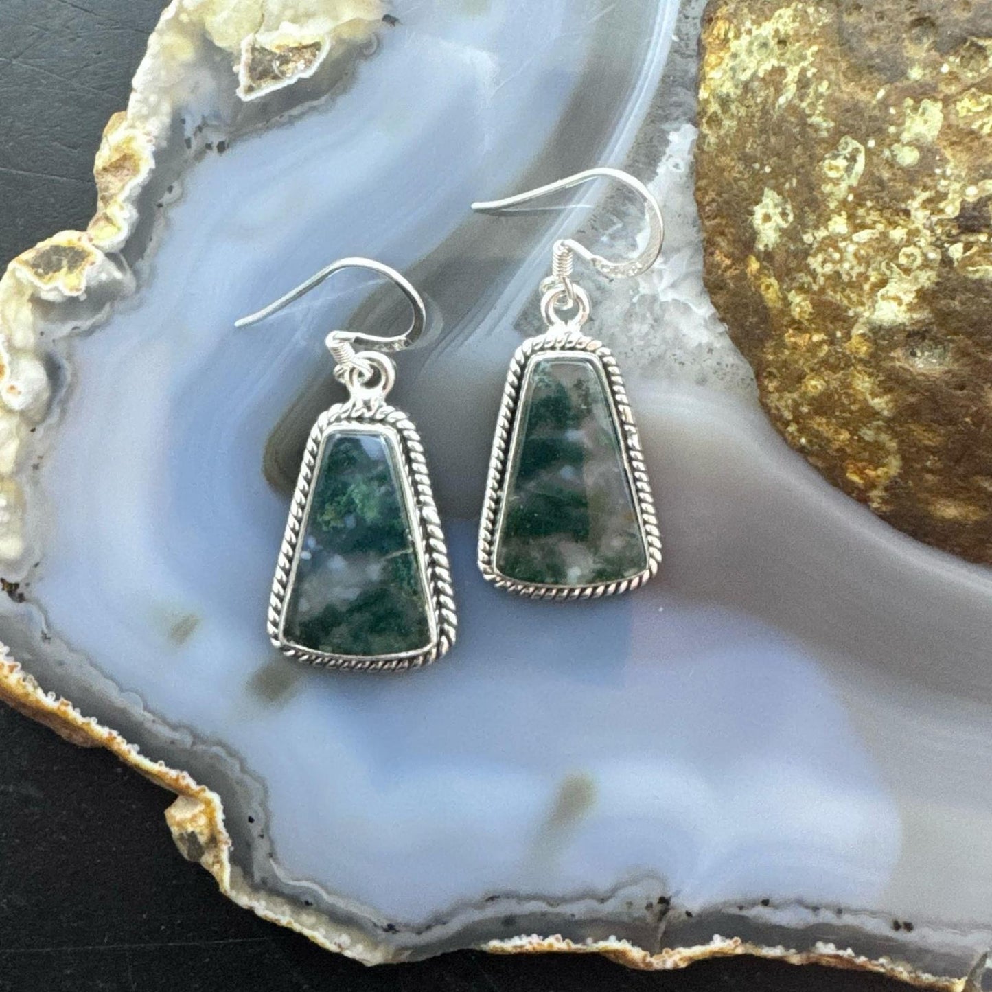 Sterling Silver Southwestern Style Trapezoid Moss Agate Dangle Earrings For Women