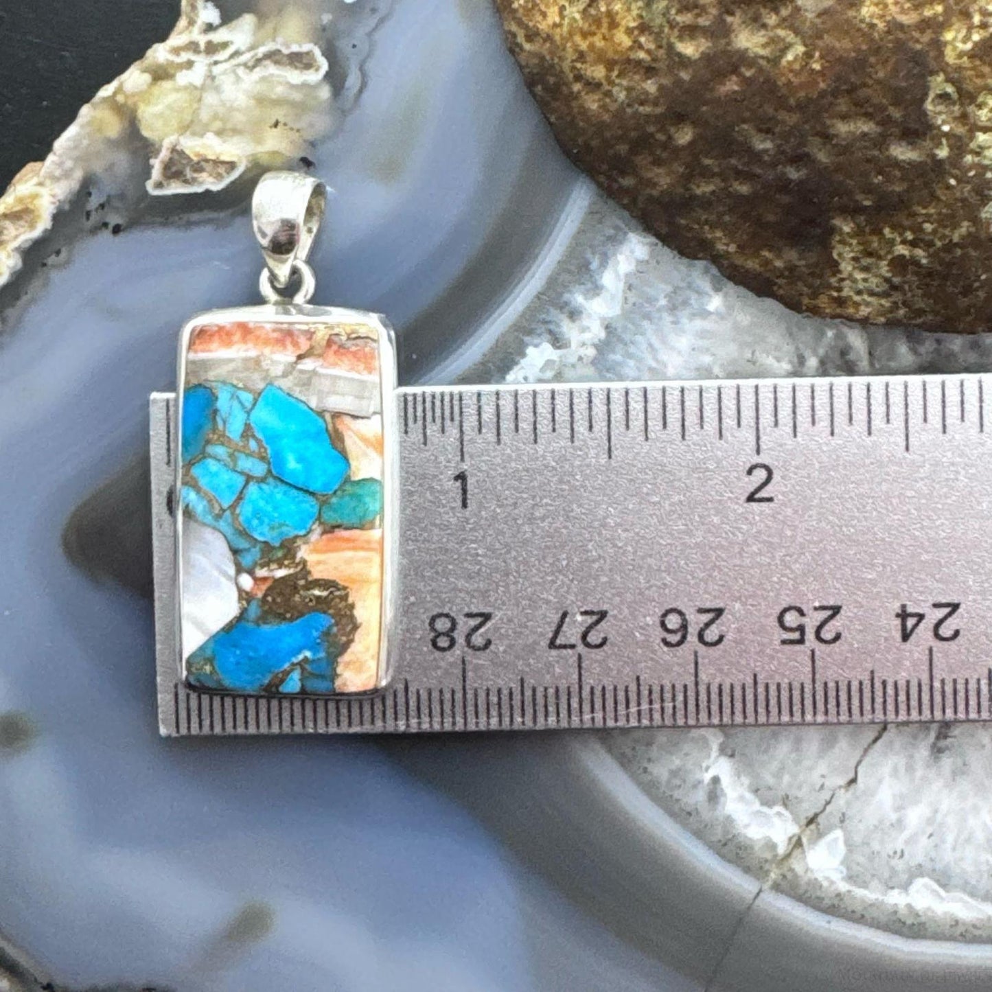 Sterling Silver Southwestern Style Rectangle Mohave Turquoise Pendant For Women