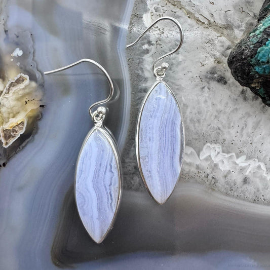Sterling Silver Southwestern Style Marquise Blue Lace Agate Dangle Earrings For Women