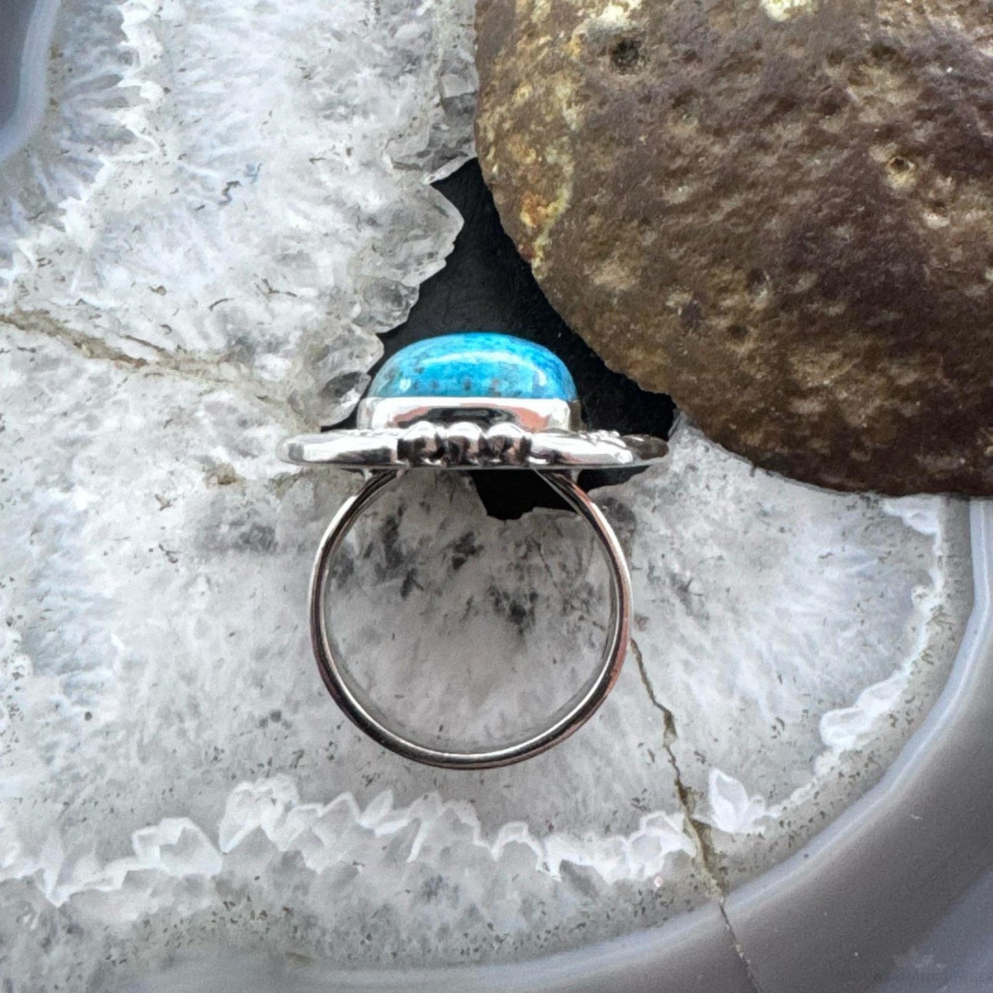 Sterling Silver Southwestern Style Chrysocolla Decorated Bar Ring Size 8 For Women