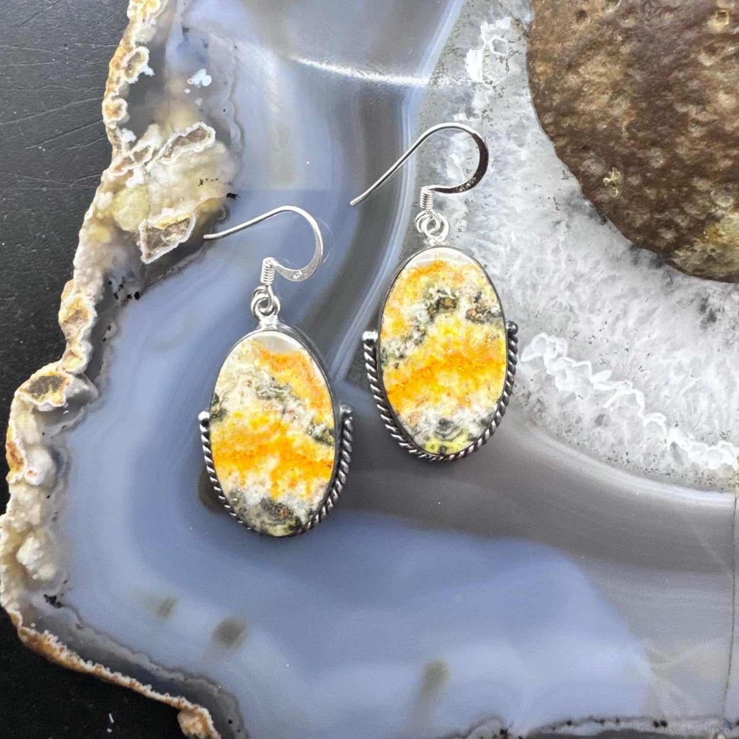 Sterling Silver Southwestern Style Large Oval Bumblebee Jasper Dangle Earrings For Women