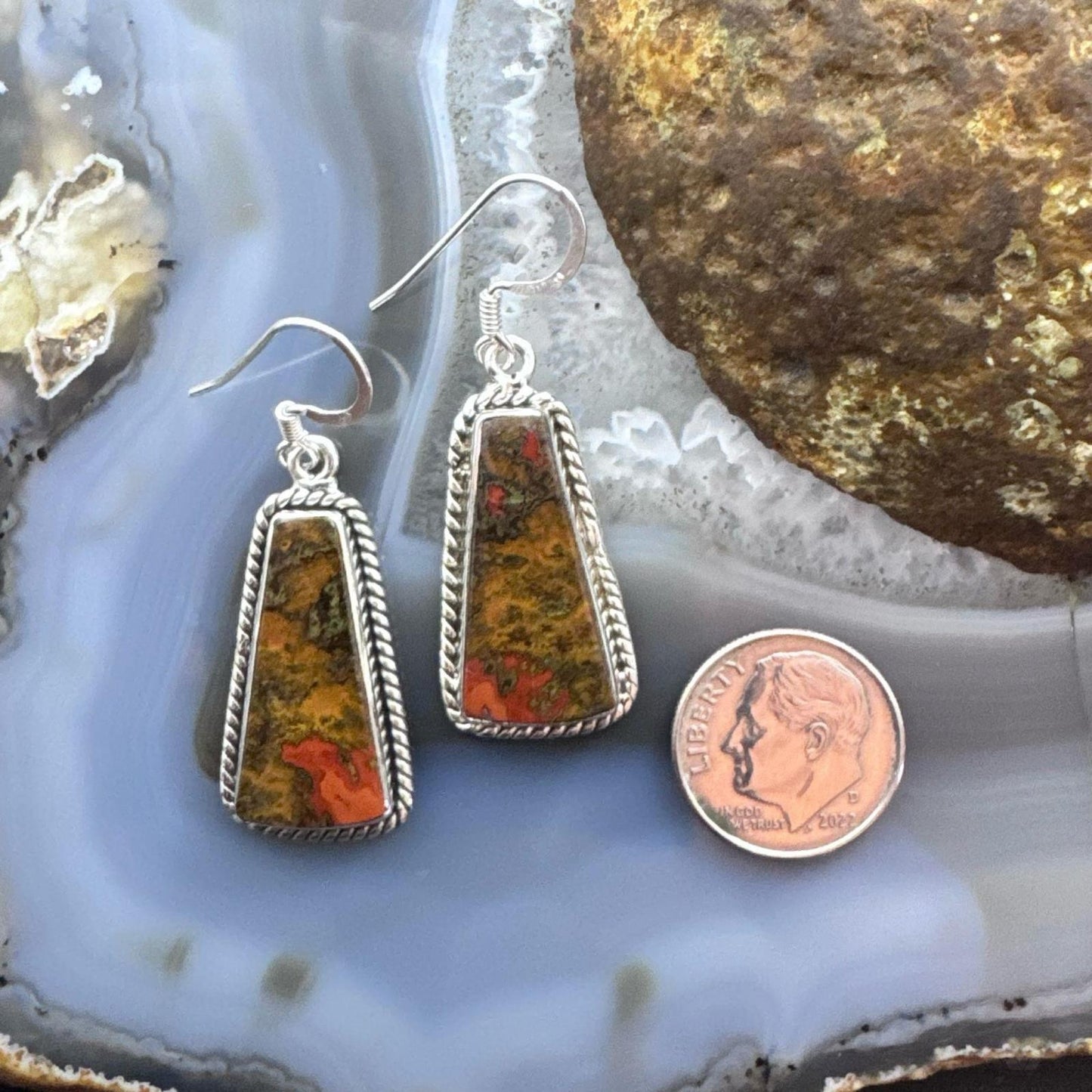 Sterling Silver Southwestern Style Trapezoid Moroccan Seam Agate Dangle Earrings For Women