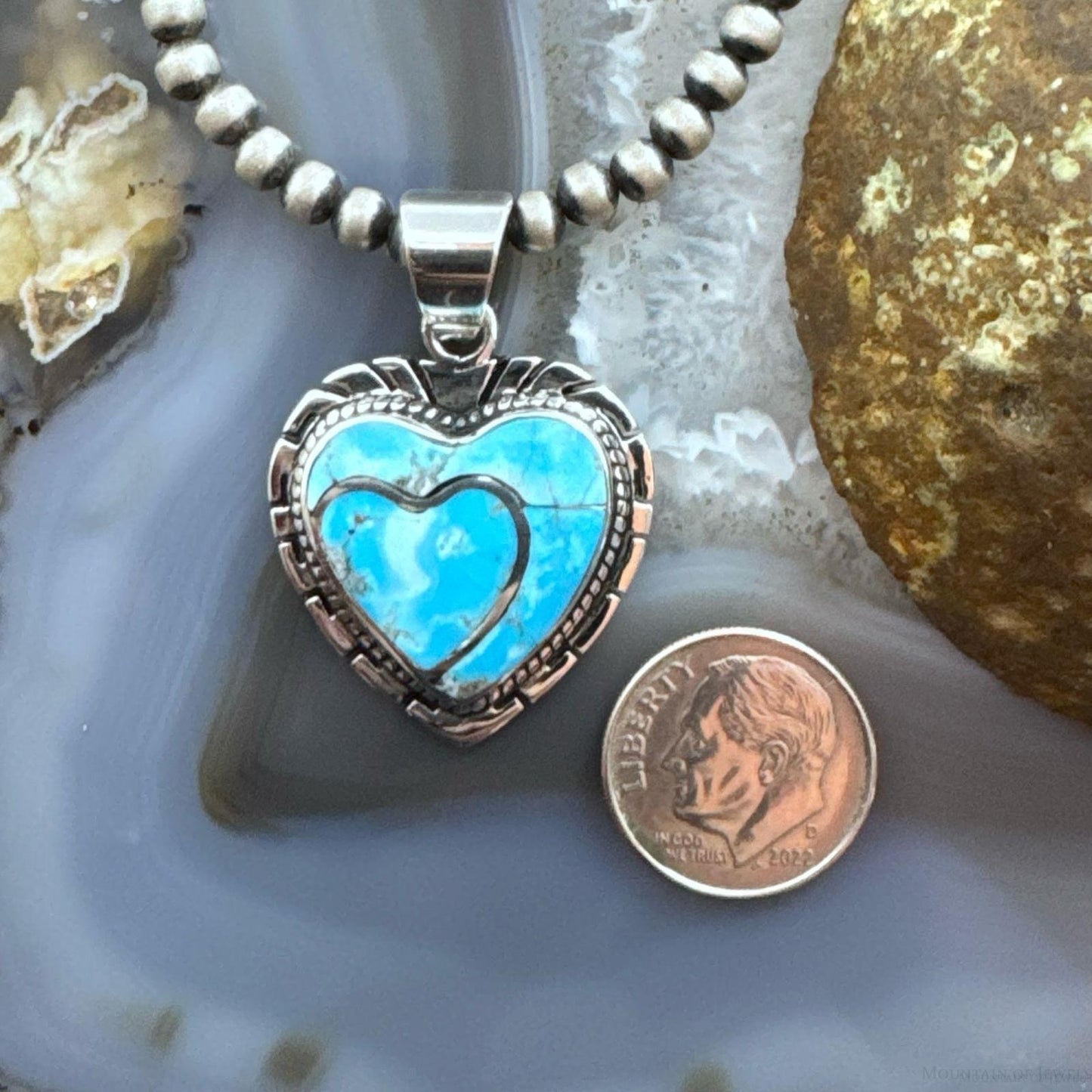 Native American Sterling Silver Blue Ridge Turquoise Decorated Double Heart Pendant For Women #1