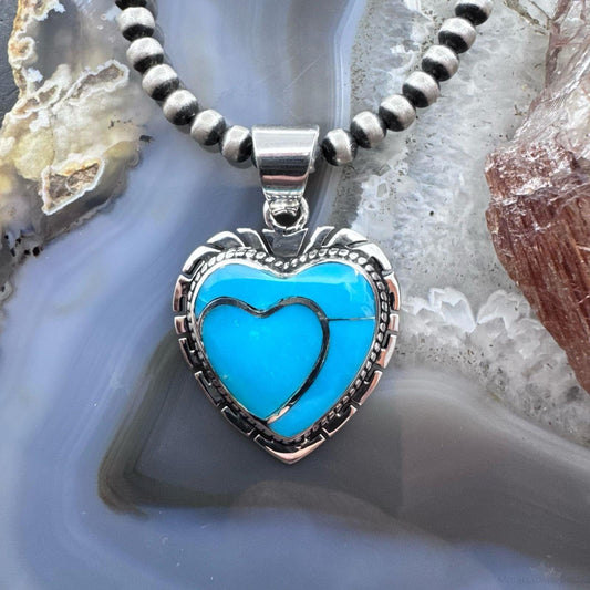 Native American Sterling Silver Kingman Turquoise Decorated Double Heart Pendant For Women