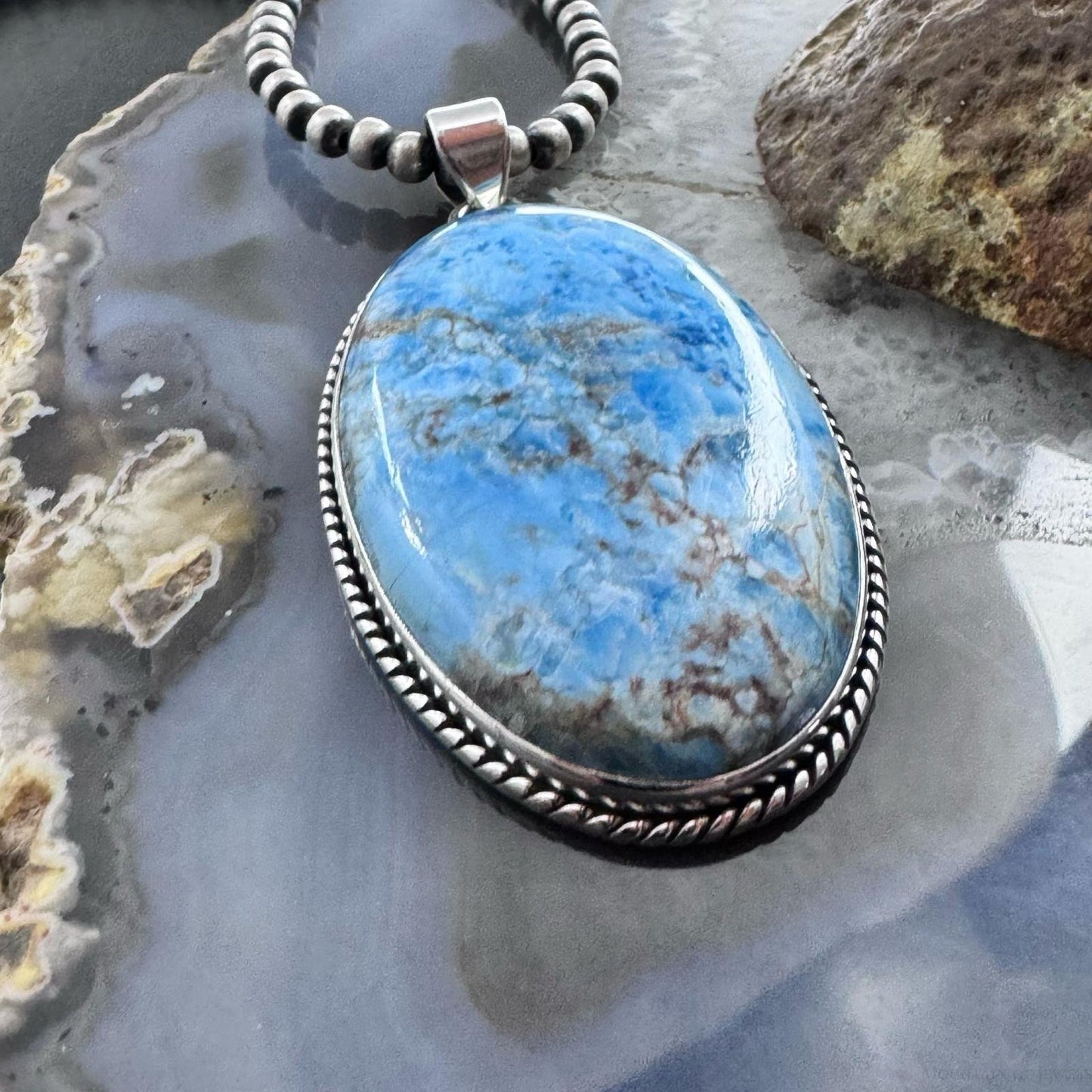 Sterling Silver Southwestern Style Elongated Oval Apatite Pendant For Women