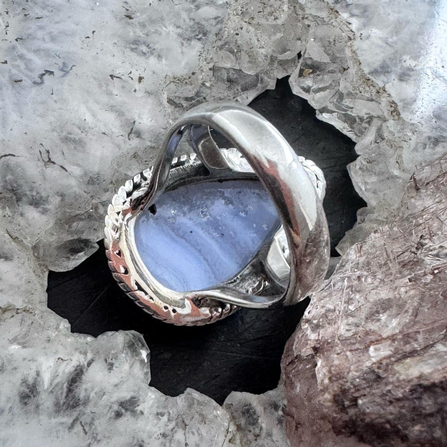 Sterling Silver Southwestern Style Blue Lace Agate Decorated Ring Size 6.75 For Women