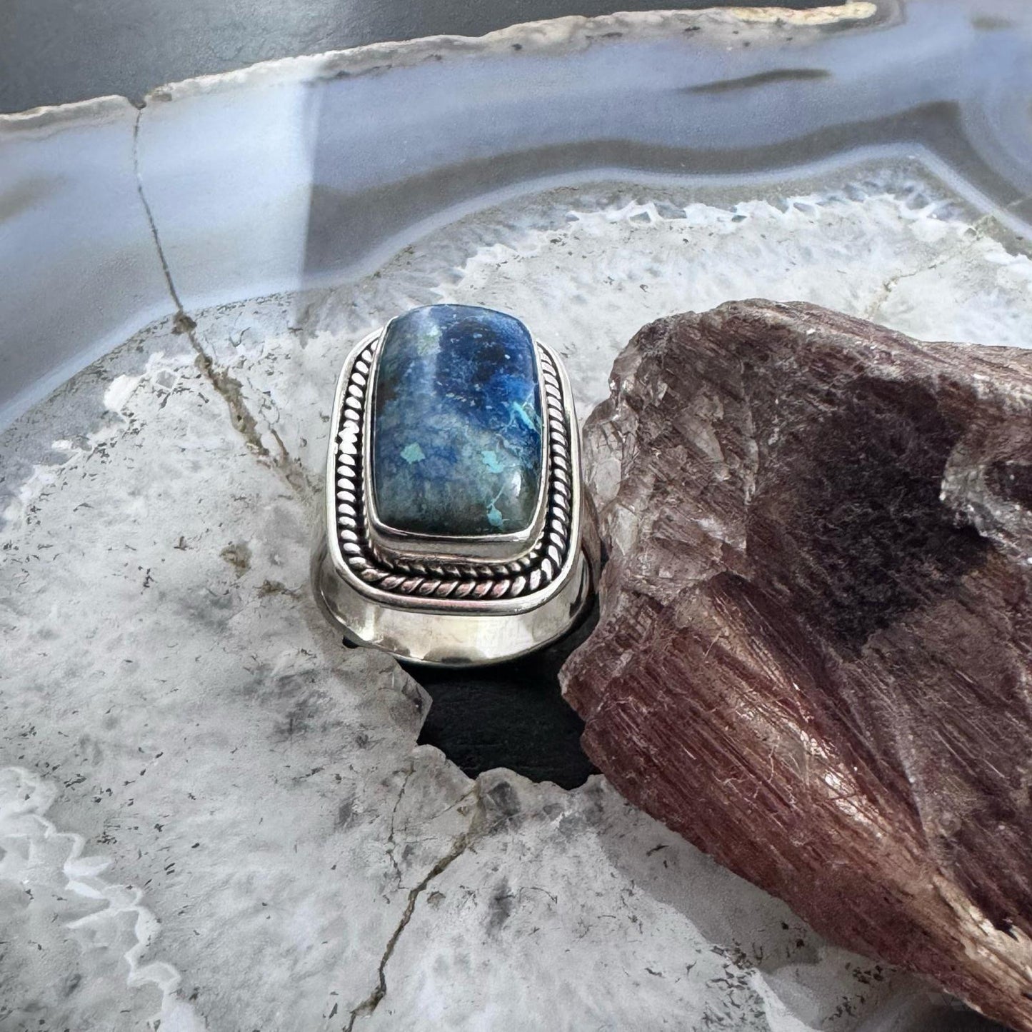 Sterling Silver Southwestern Style Rectangle Neon Apatite Decorated Ring Size 8 For Women